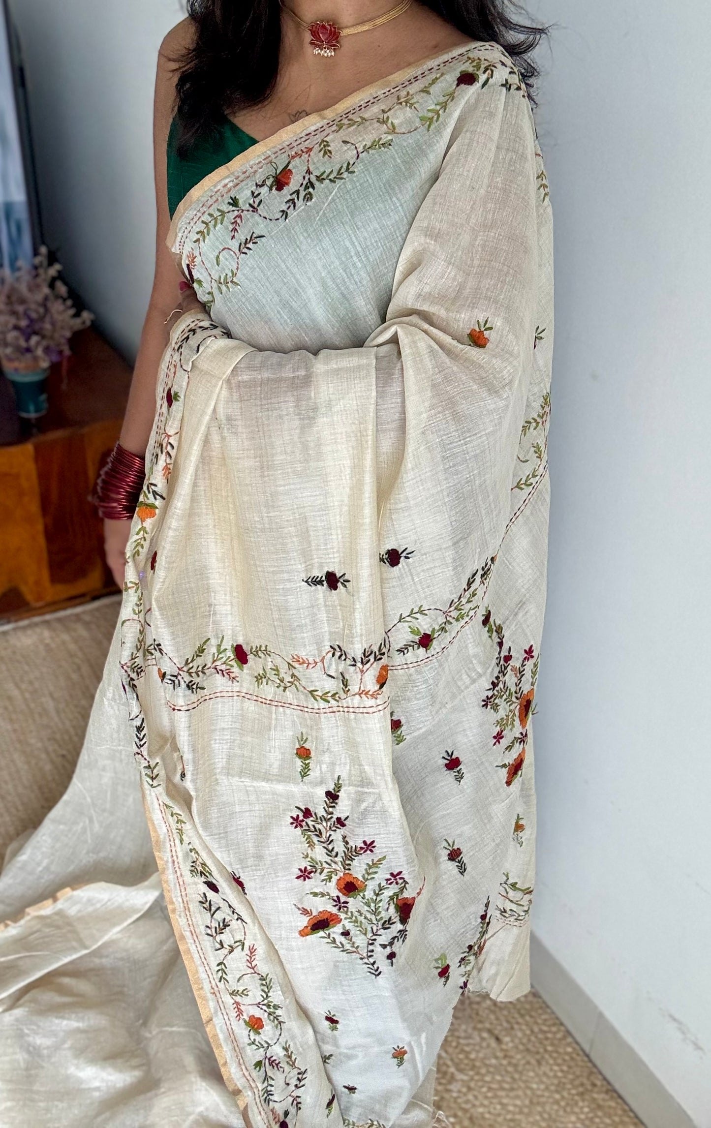 Ivory maheshwari cotton silk blend with deep maroon and orange floral kantha threadwork - YCBLJULMK04
