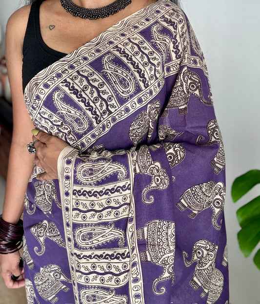 Purple kalamkari saree, elephant motifs, soft cotton - YCWOTDMA351
