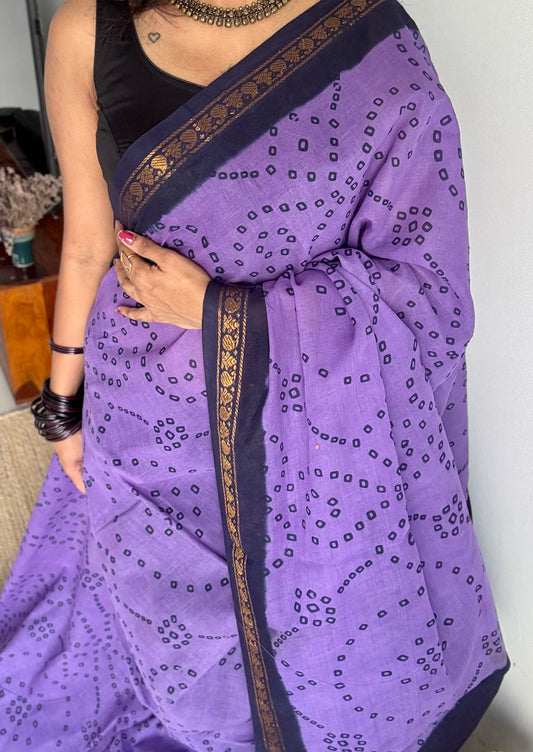 Purple with dark blue, printed sungudi, madurai cotton - YCCOTNOCSC17