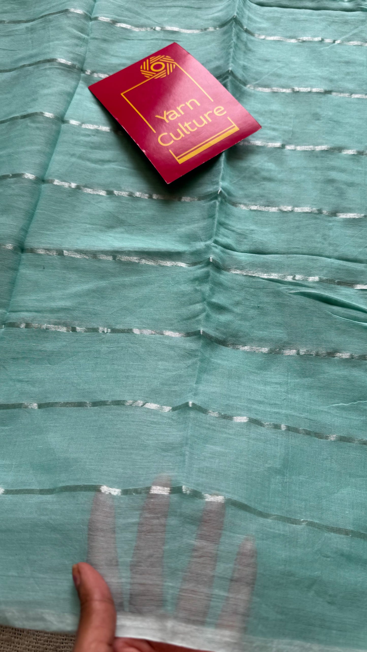 Aqua Frost - pastel aqua blue with silver zari stripes, mul cotton - YCBCJULMS07