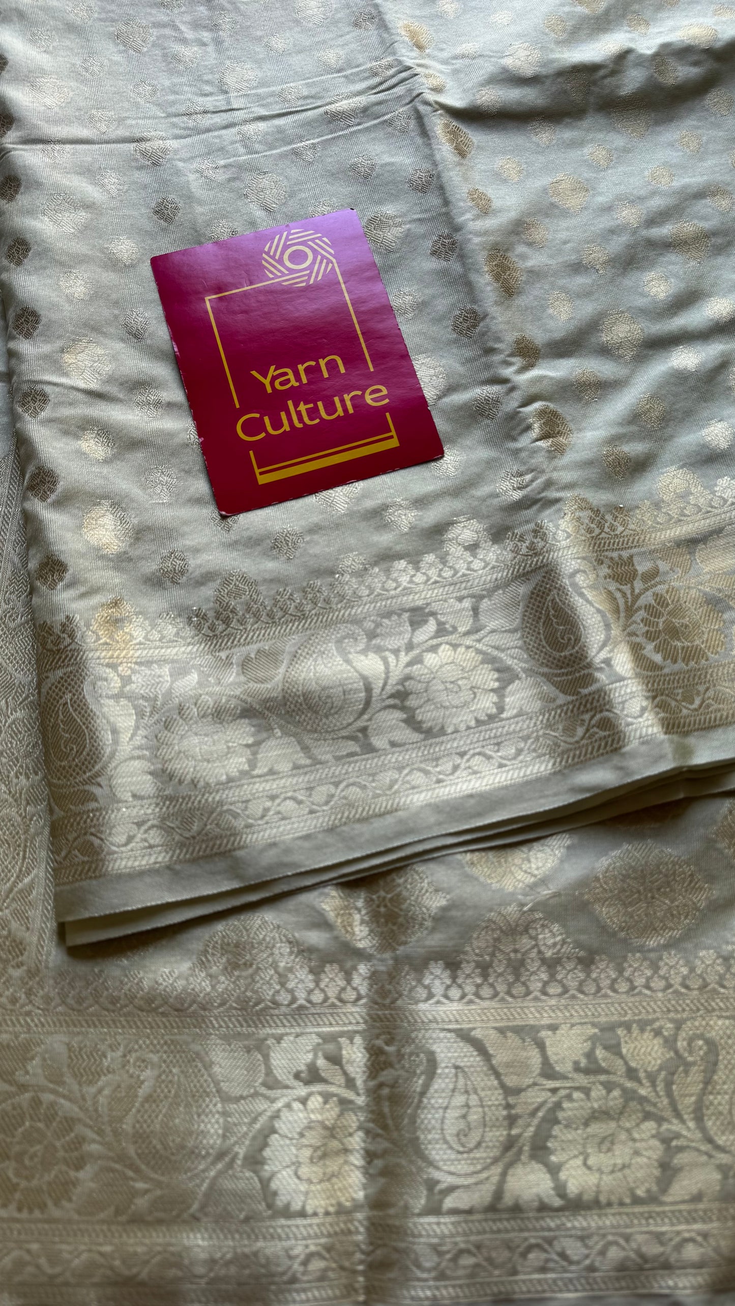 Pastel cream, muted gold buttas and zari, Banarasi semi-silk - YCDESE33
