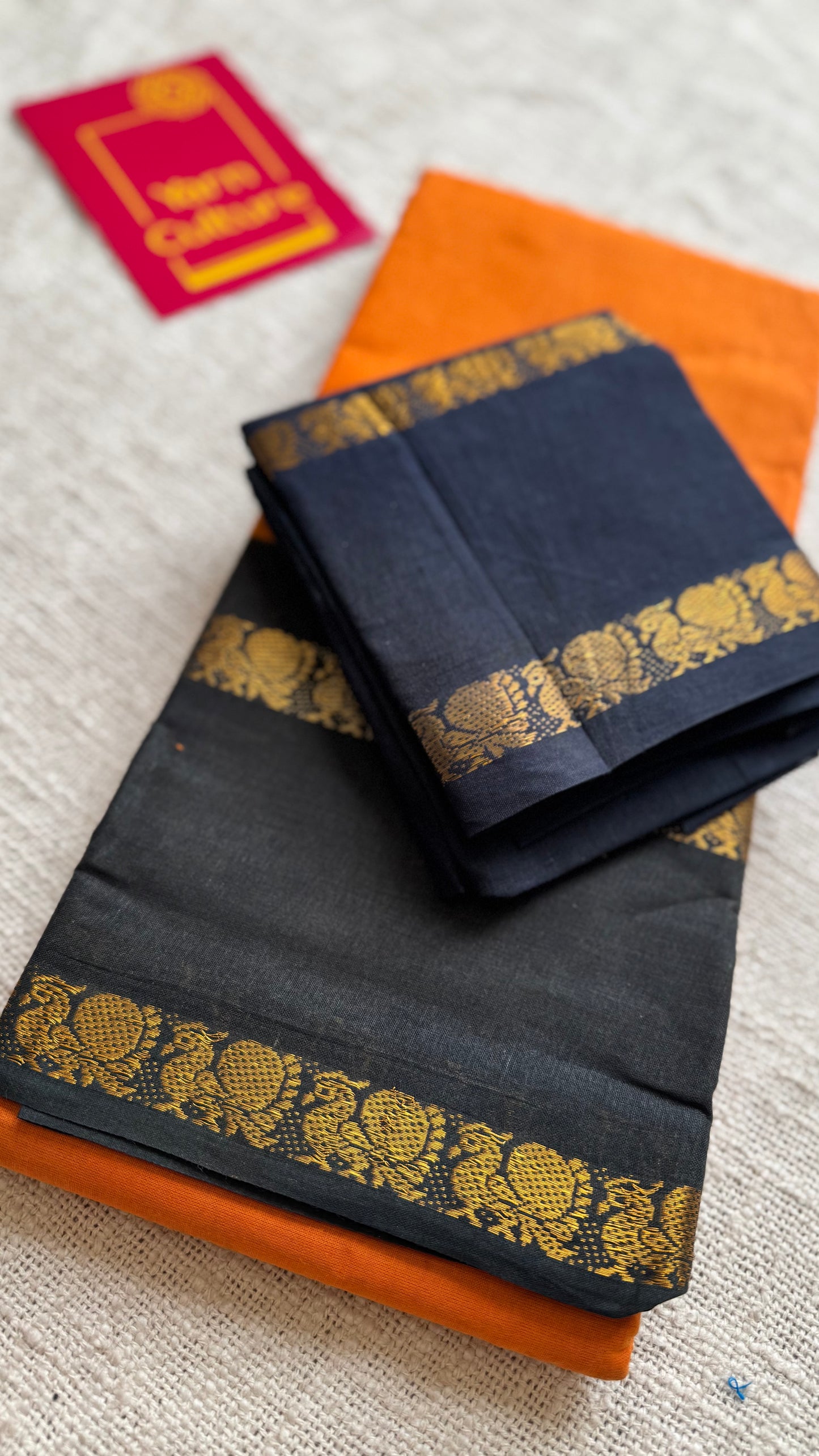 Fanta orange and black, rettaipettu peacock double border, madurai soft cotton - YCCOTNJULRS01
