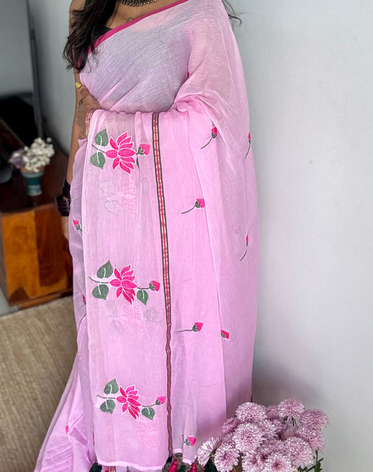 Pink mul with pink lotus embroidery and coloured zari - YCBCMCNO64