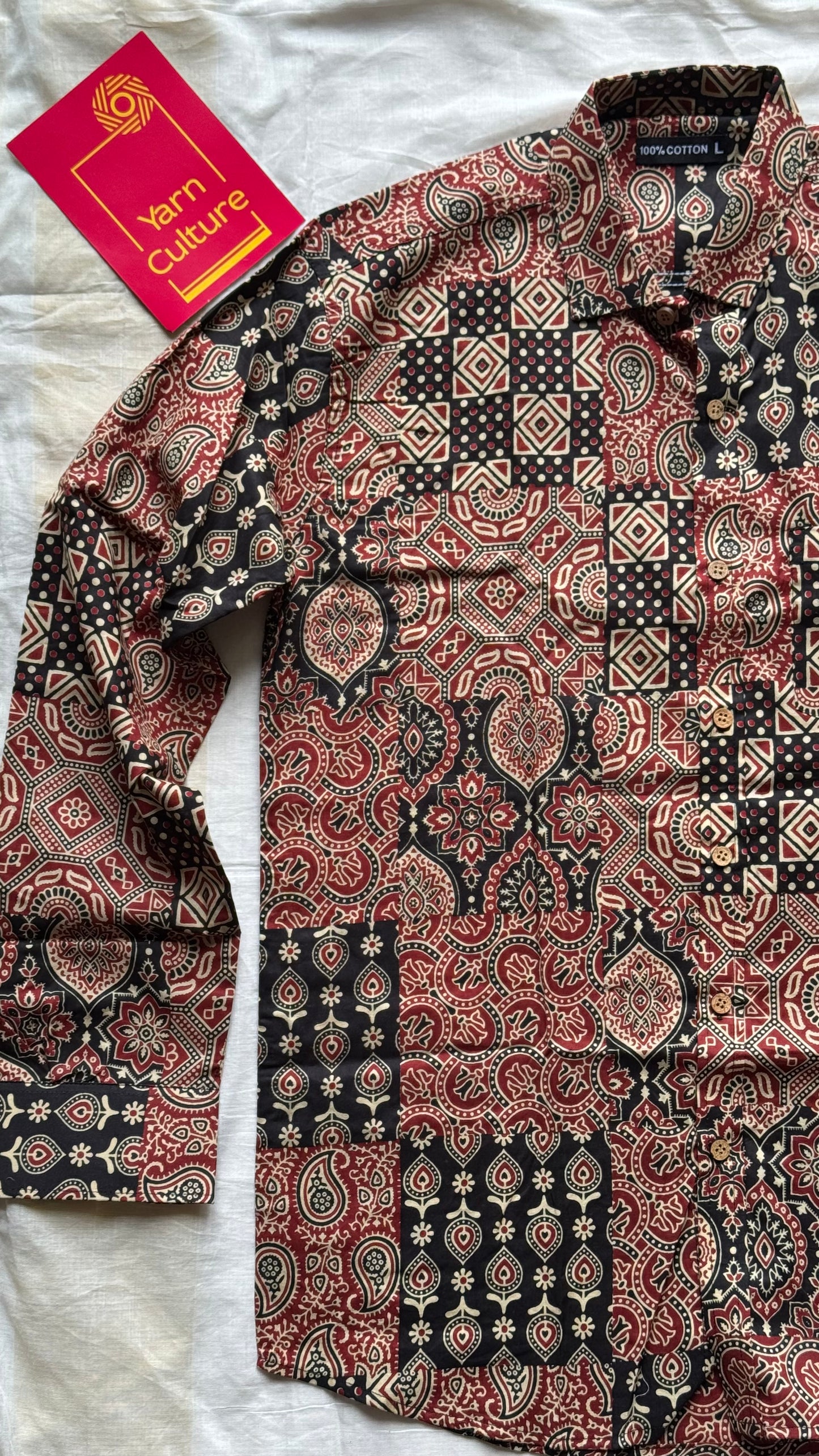 Black Red & White Ajrakh Block Printed Cotton Men's Full Sleeve Collared Shirt -YCMSEIE203