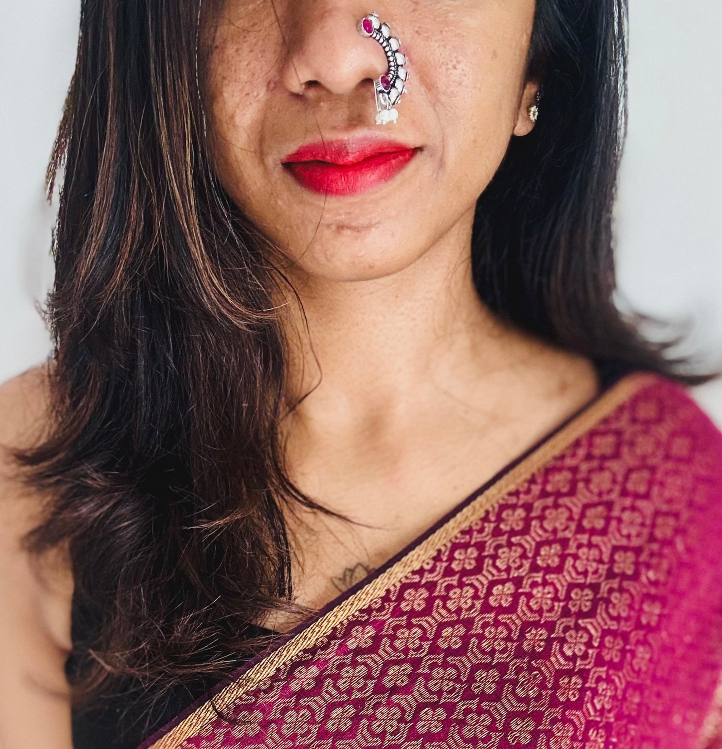 Oxidised silver, ruby stone, clip on Maharashtrian nath - YCOSNC195