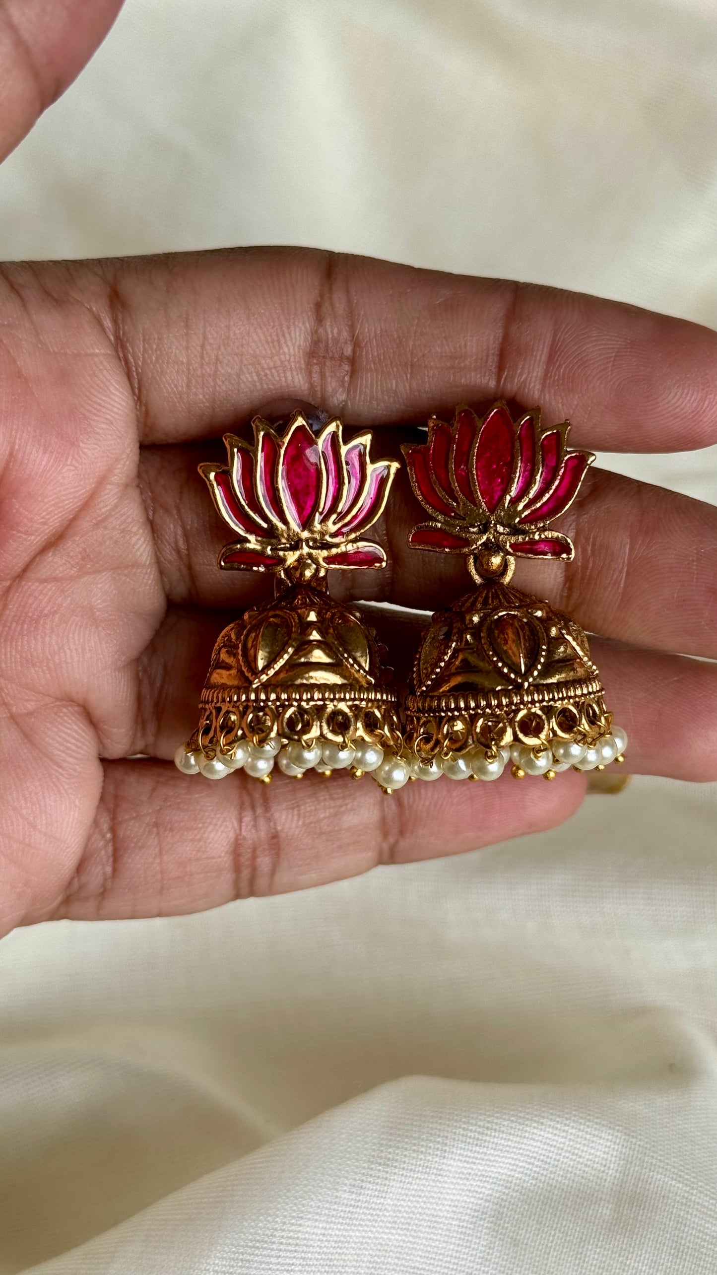 Antique gold hot pink lotus jhumka - YCAGEJ284