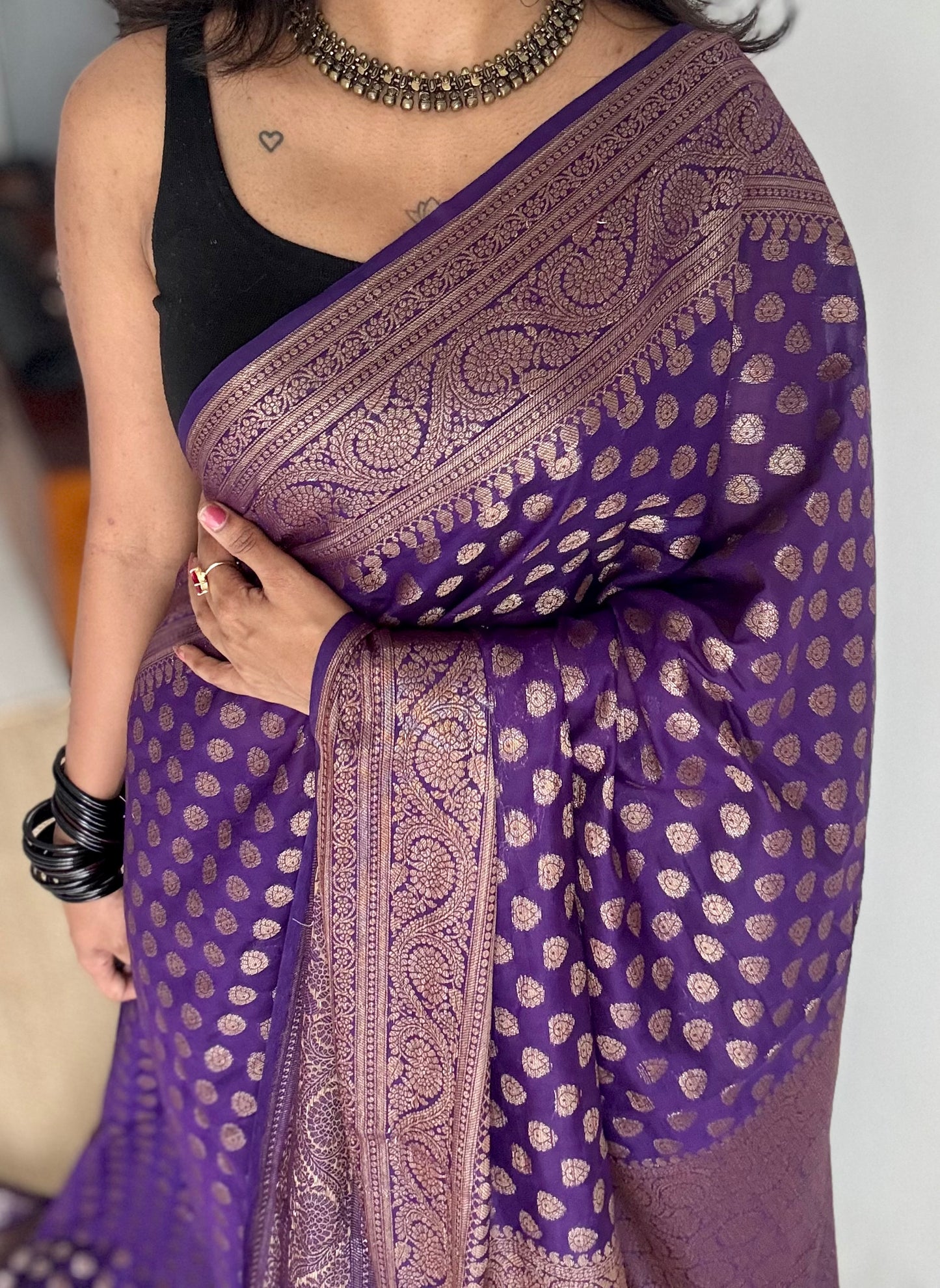 Aubergine - Dark purple, antique gold zari, Banarasi semi georgette - YCBLFEGAGZ12