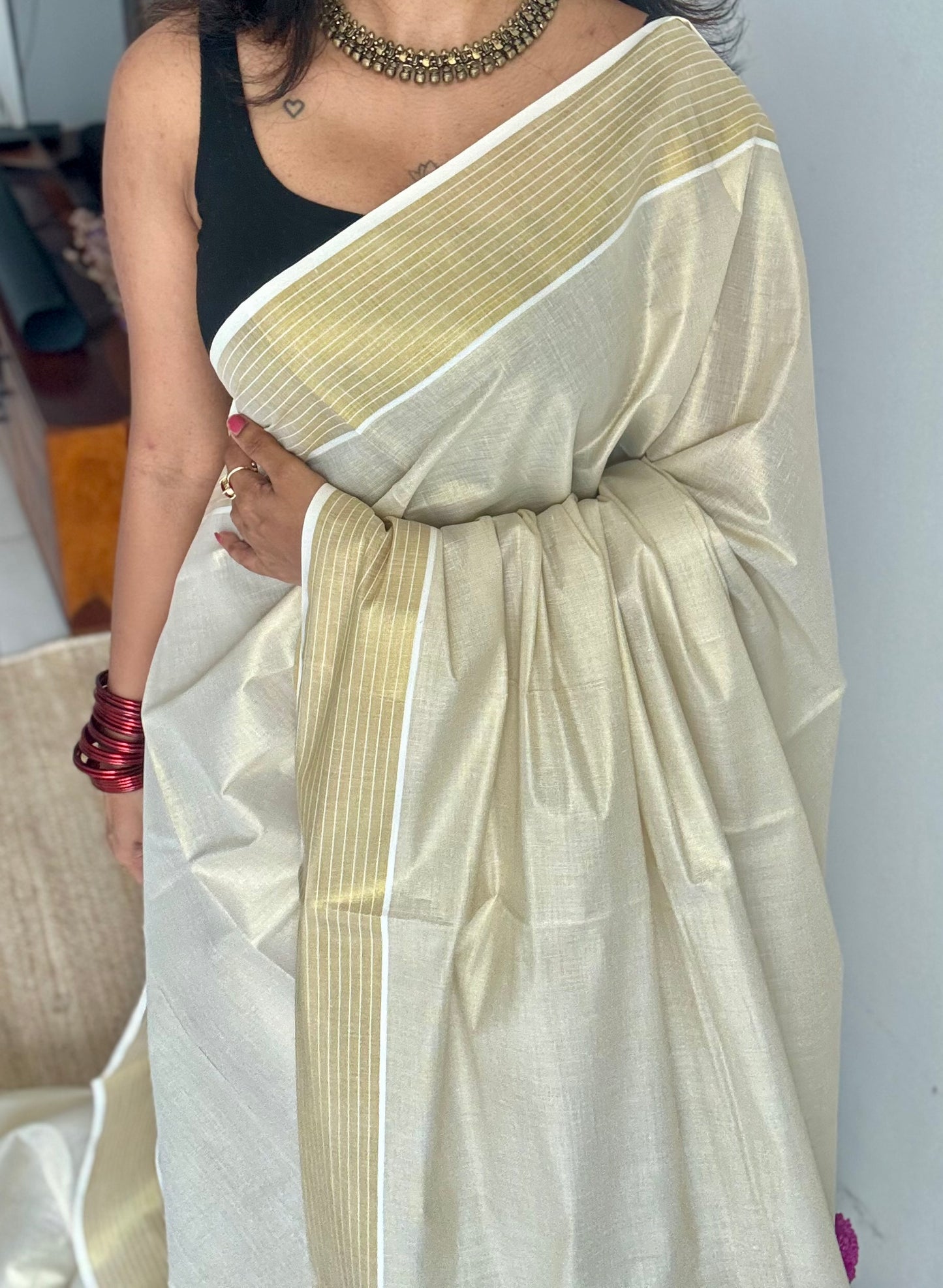 Ivory and gold tissue with striped border, kerala soft cotton - YCON25MC271