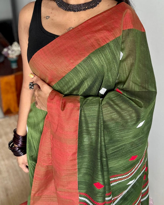 Green with burnt orange, soft khadi cotton with woven motifs - YCBCKCDE26