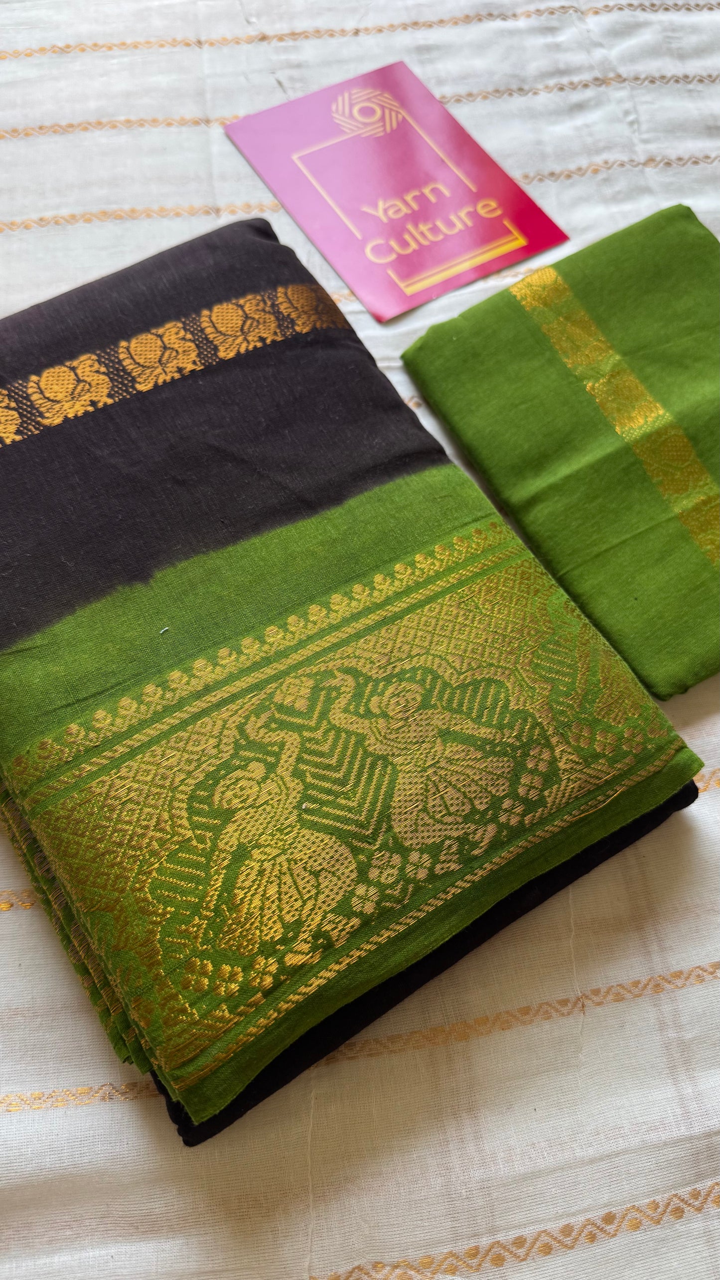 Black with green, multi peacock motif lines, kattuchayam dyed sungudi cotton - YCCOTNJUCC14