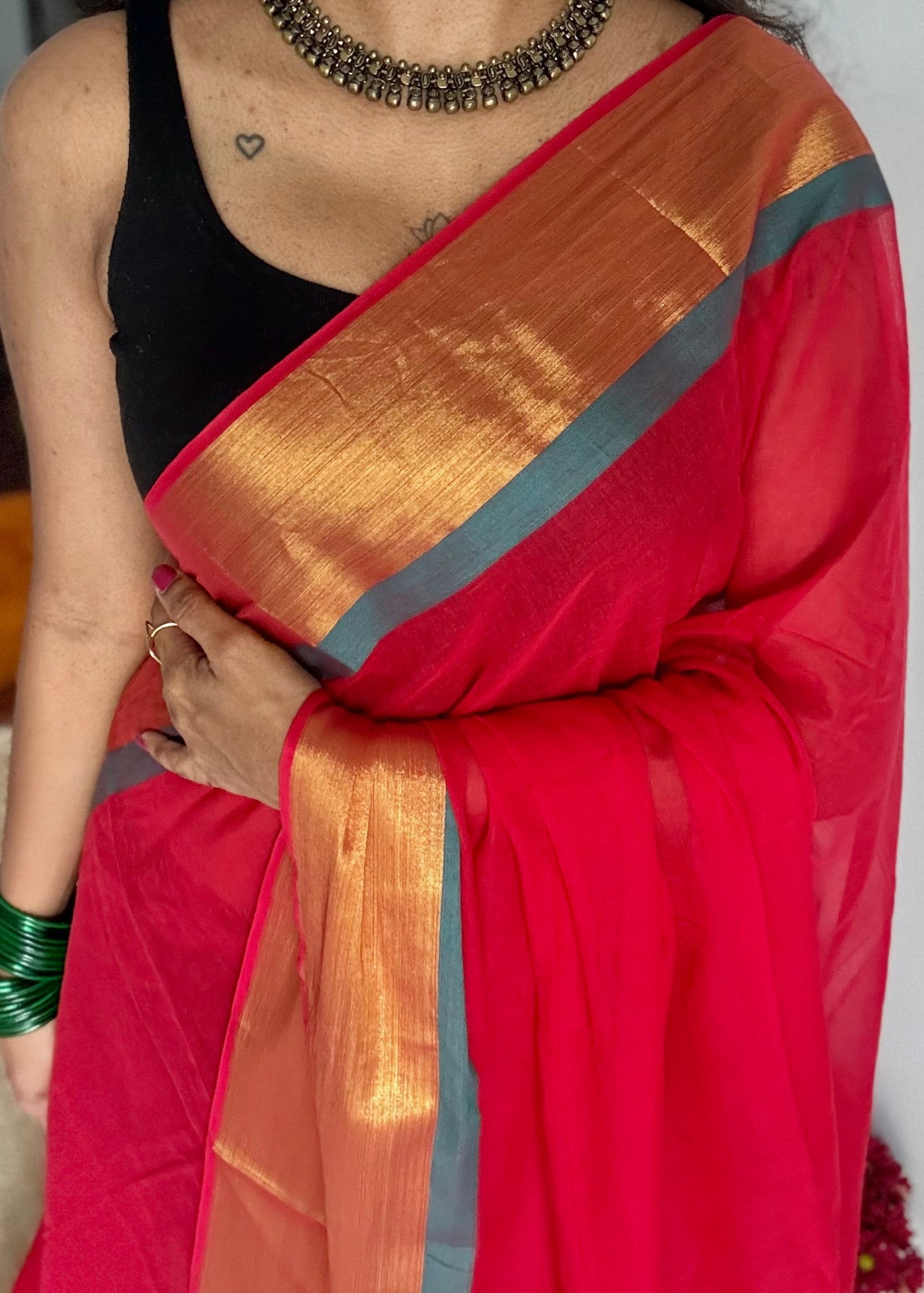 Red mul with green and antique gold zari border - YCBCMCLSE26