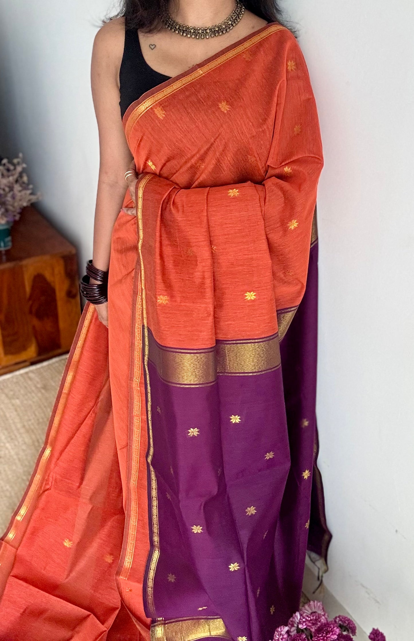 Orange with purple pink (vadamalli), gold buttas, semi maheshwari cotton silk - YCCOTNFEJUSM02
