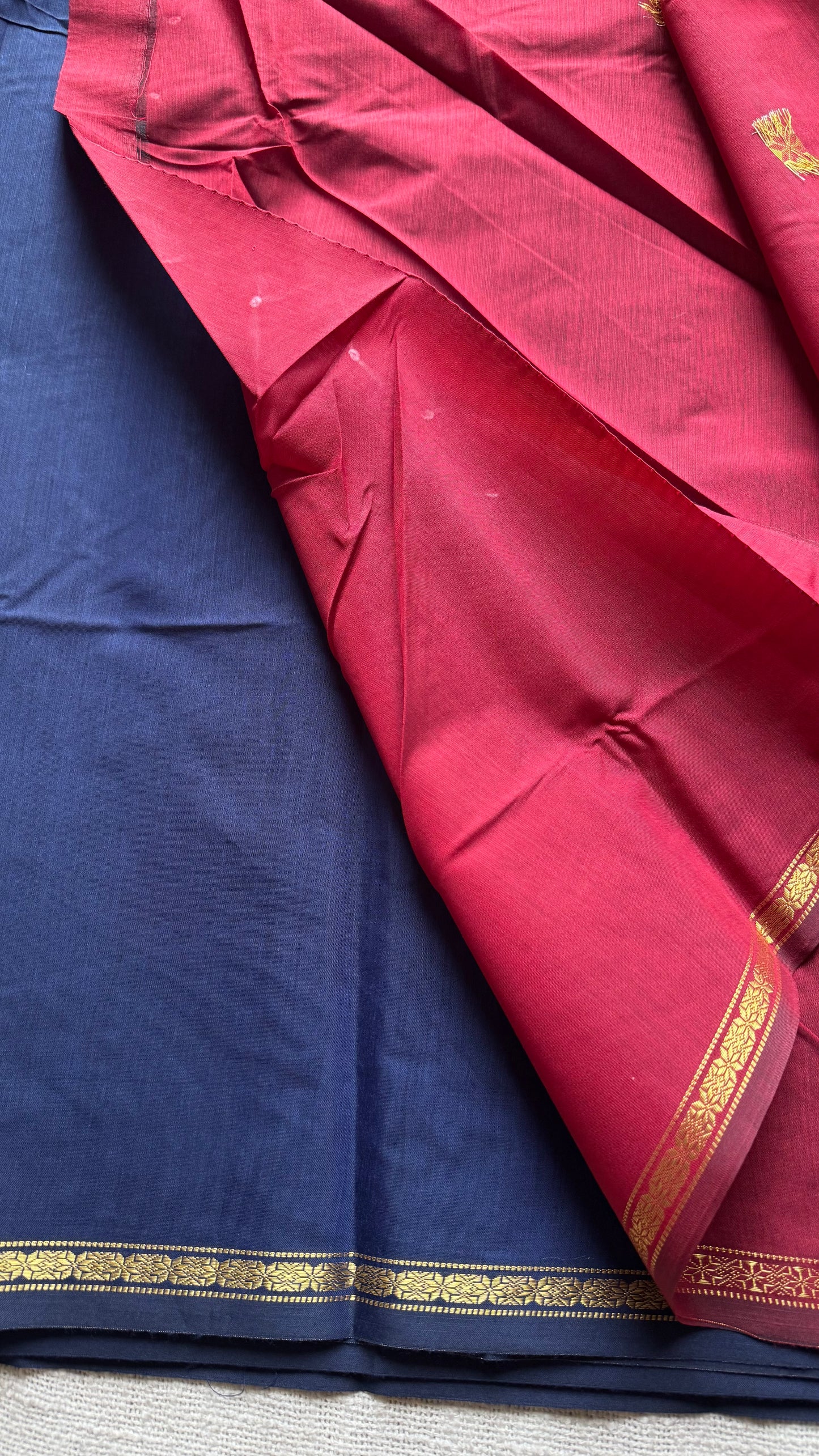 Dark blue with red, gold buttas, semi maheshwari cotton silk - YCCOTNFEJUSM05
