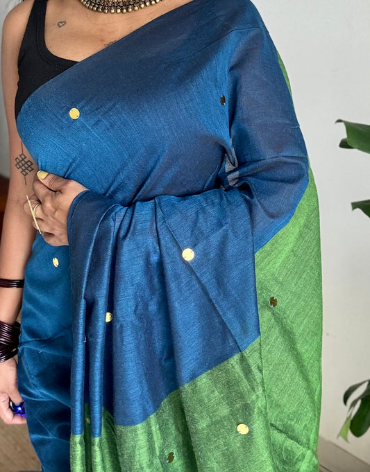 Blue with green contrast pallu, gini sequins, soft cotton saree - YCBCSCOC03
