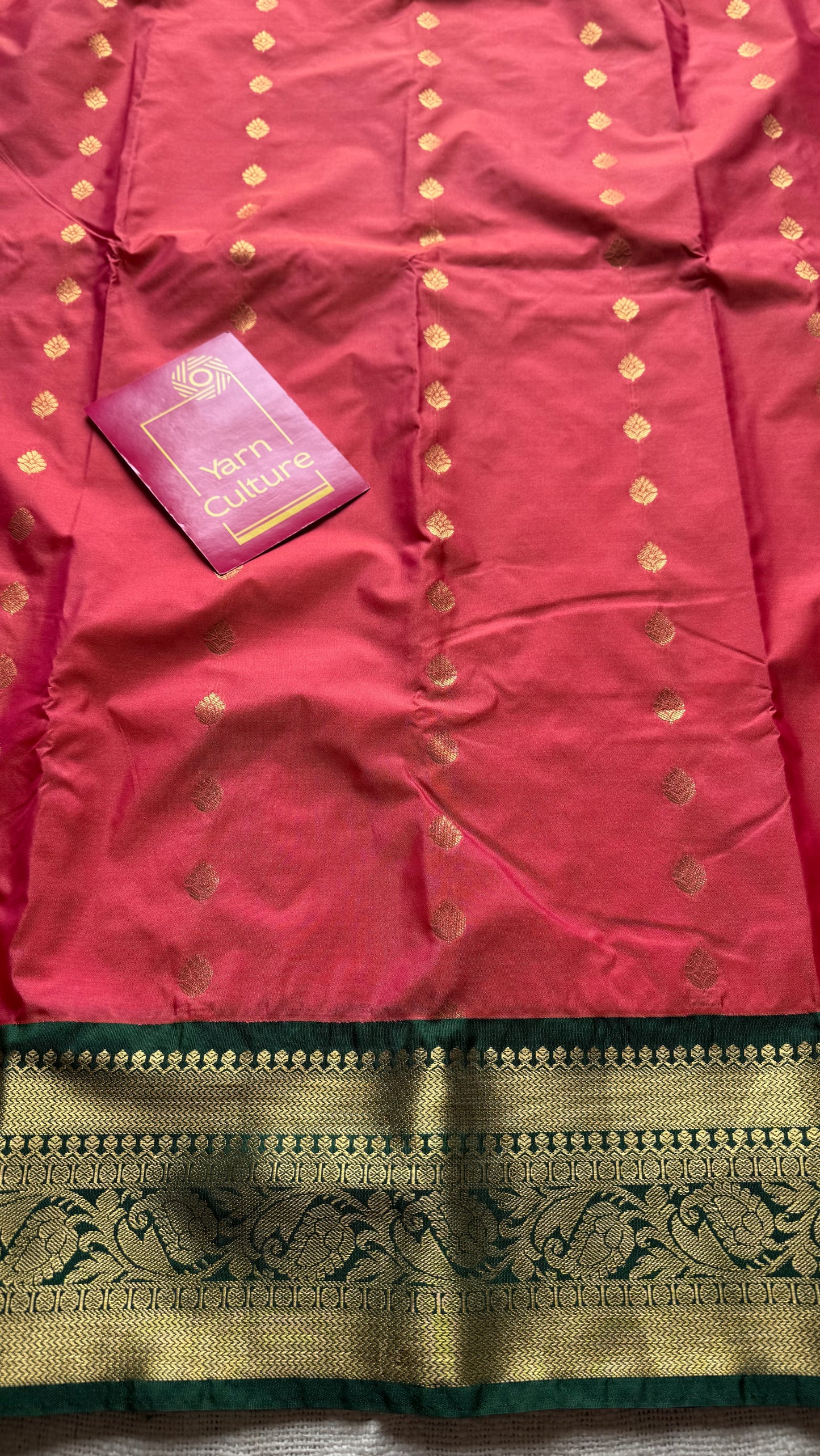 Kavini - peach with dark green, handloom korvai semi silk - YCCOTNFEJUKS01