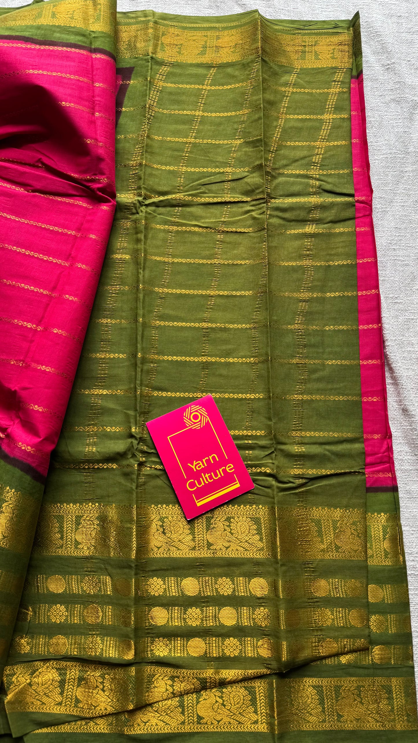 Reddish pink with green, peacock rudraksham motif, single side broad zari - madurai kattuchayam dyed - YCCOTNAUS34