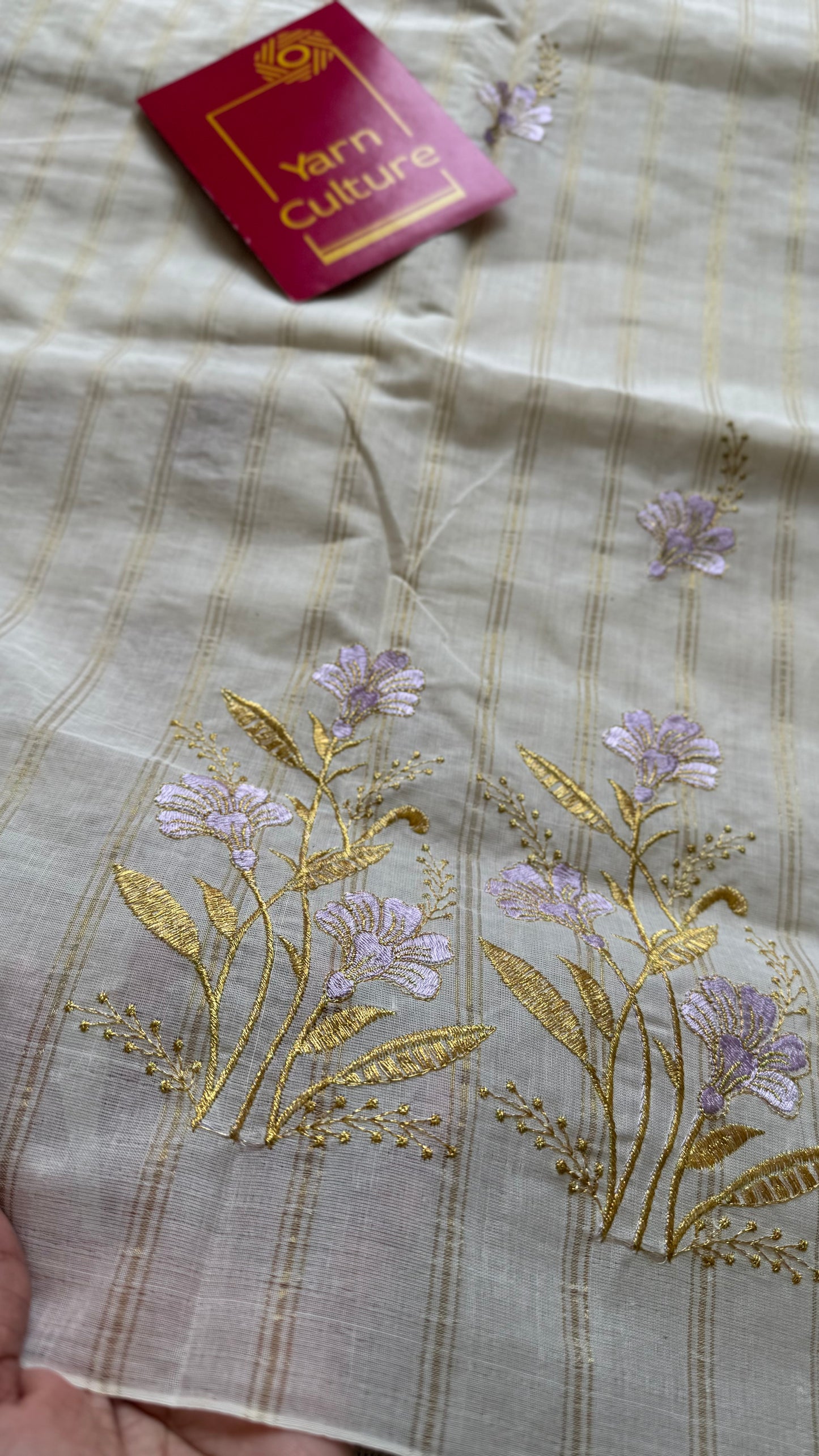 Ivory and gold with lavender flower embroidery, striped zari, kerala cotton - YCON25KCSFE261