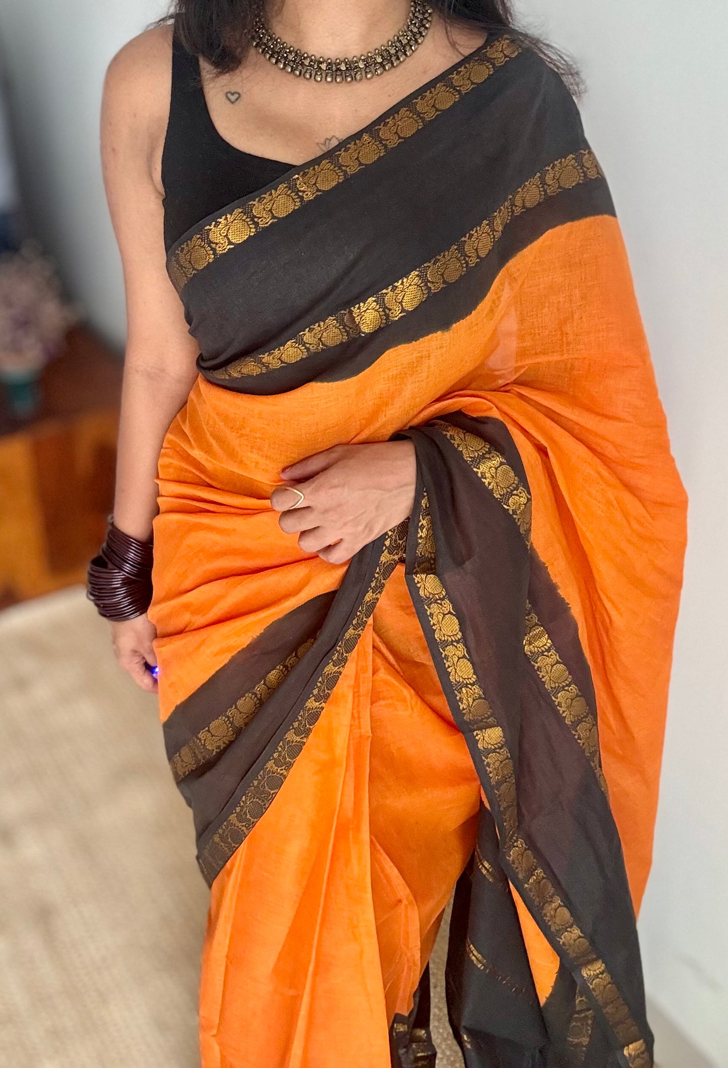 Fanta orange and black, rettaipettu peacock double border, madurai soft cotton - YCCOTNJULRS01