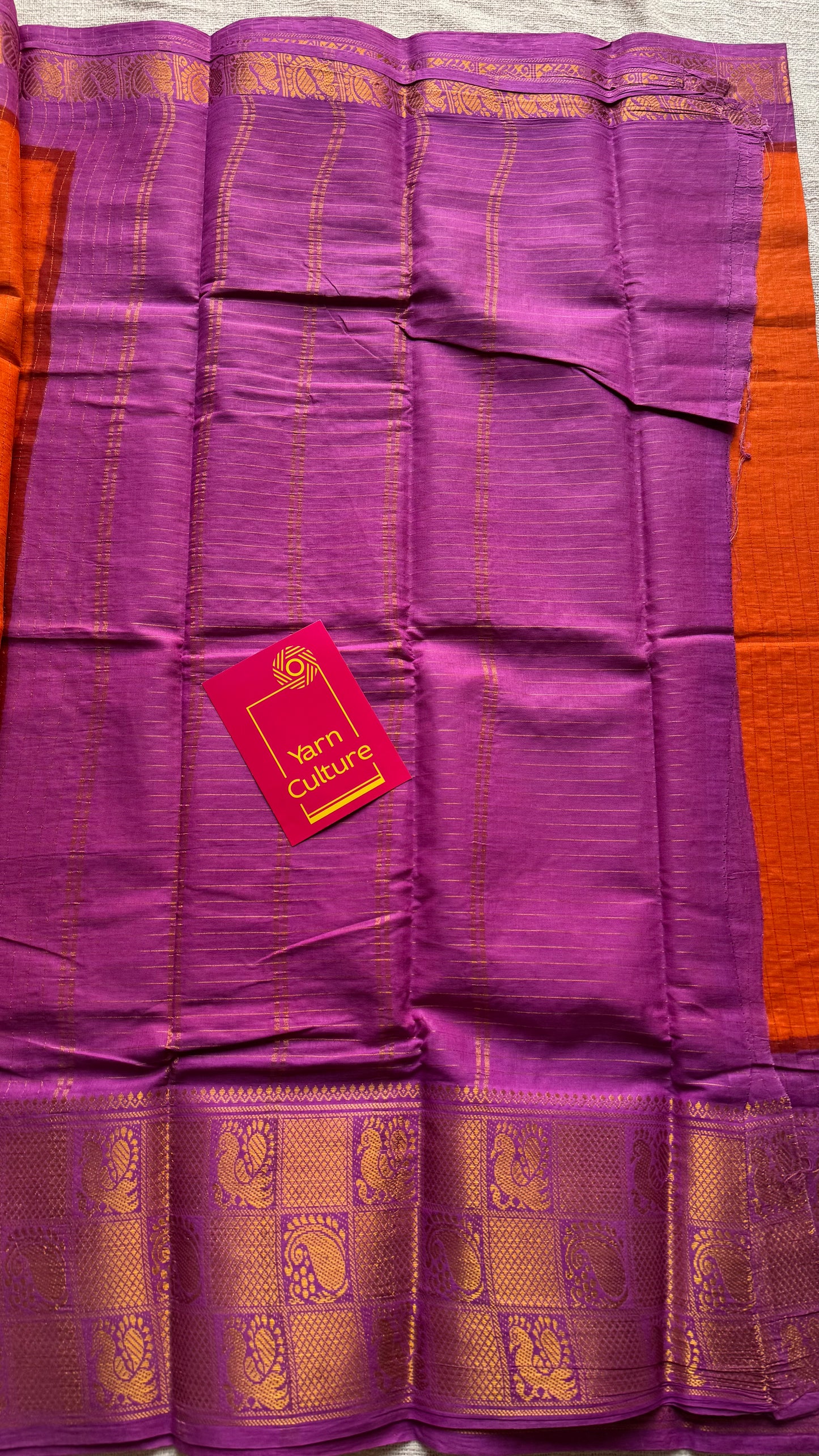 Orange checks with purple pink mayuri checkered zari border, madurai cotton - YCCOTNOCSC02
