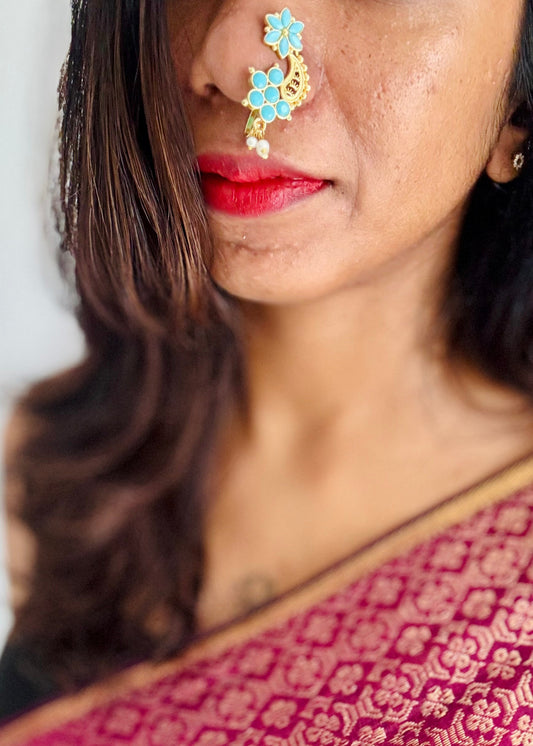 Gold plated, turquoise coloured stone, clip on Maharashtrian nath - YCGPNC203