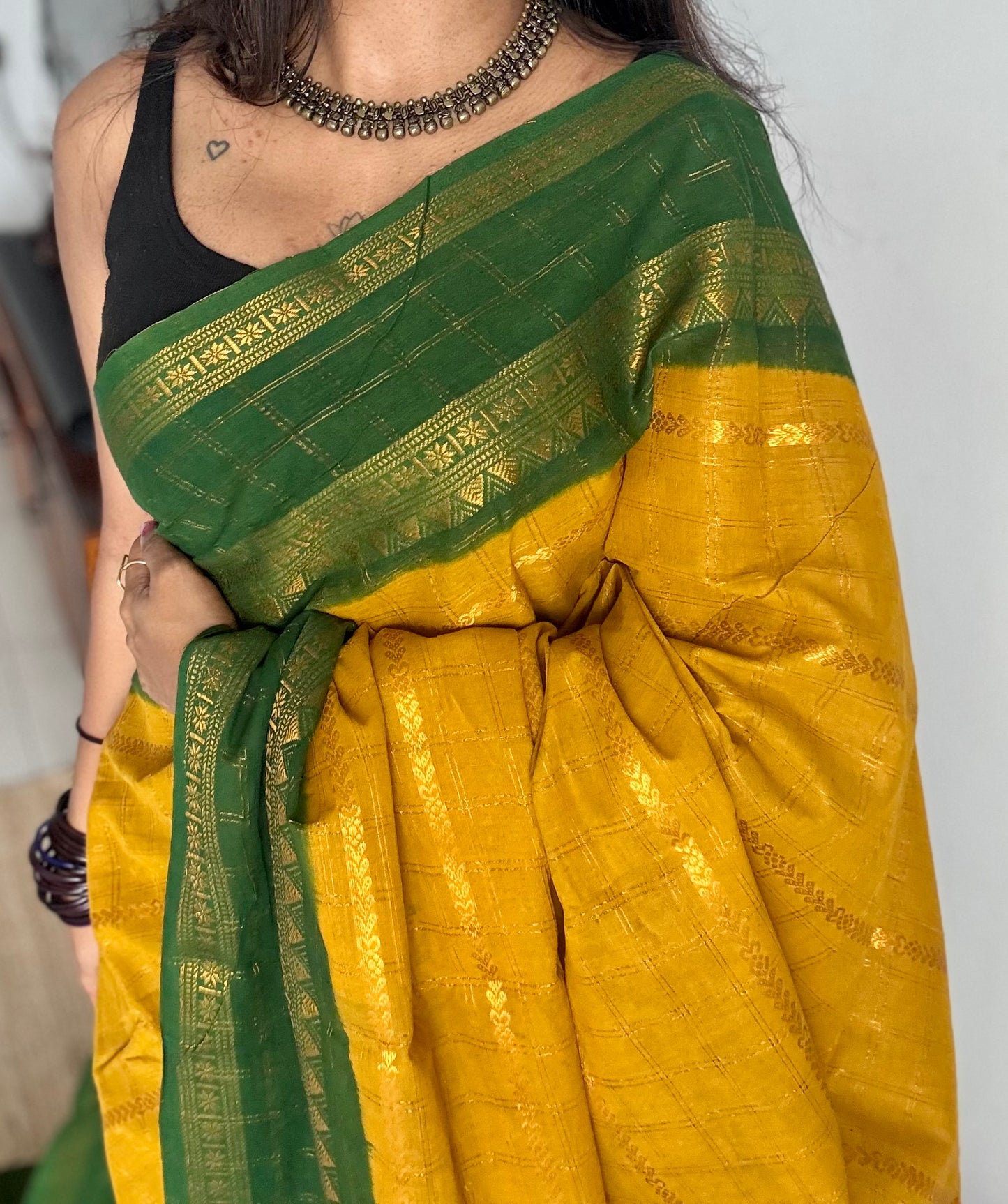 Ginger yellow with dark green, Adayar checks with velthaari pattern, madurai cotton - YCCOTNOCSC04