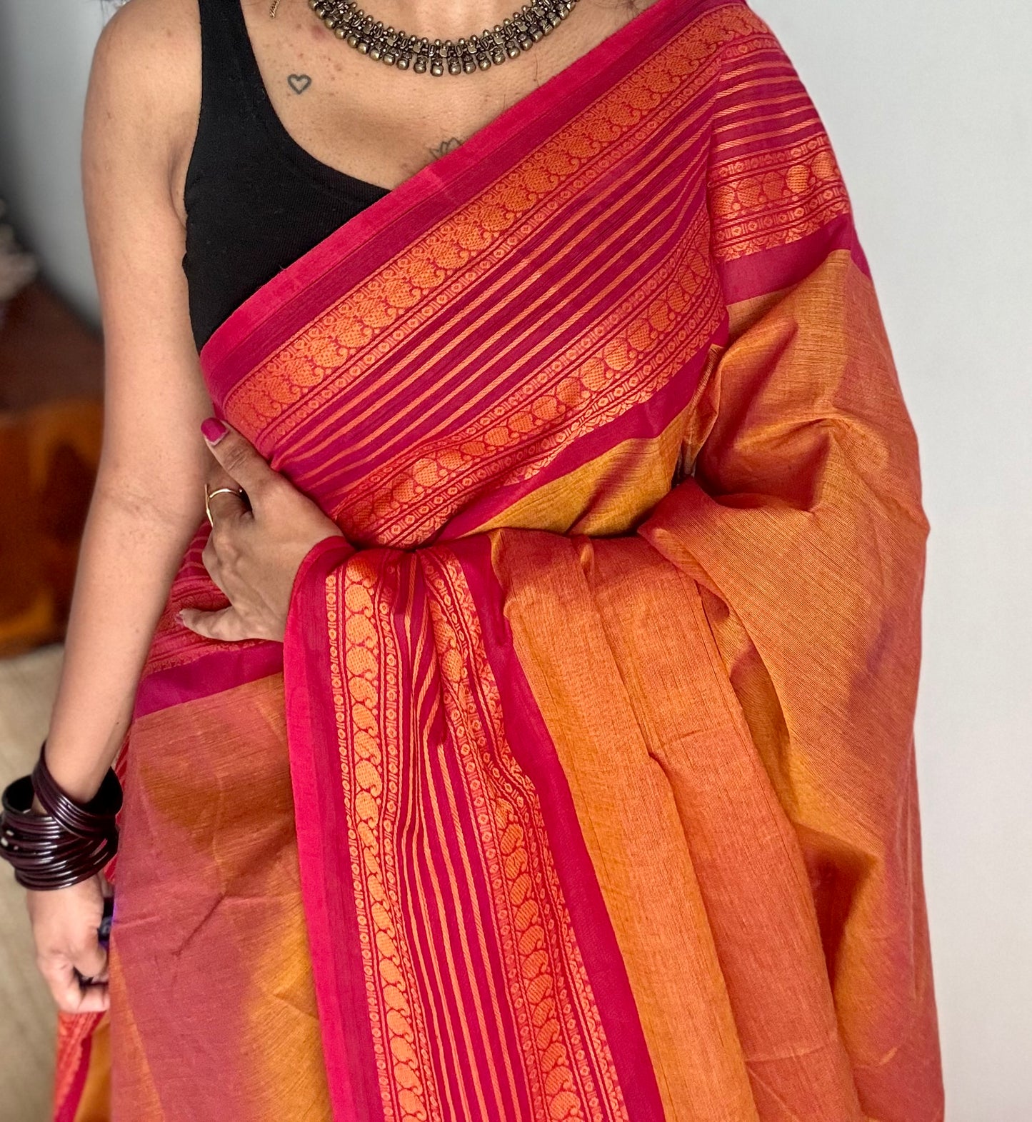 Orange with cherry red contrast thread border, kanchi cotton - YCCOTNOCCC03