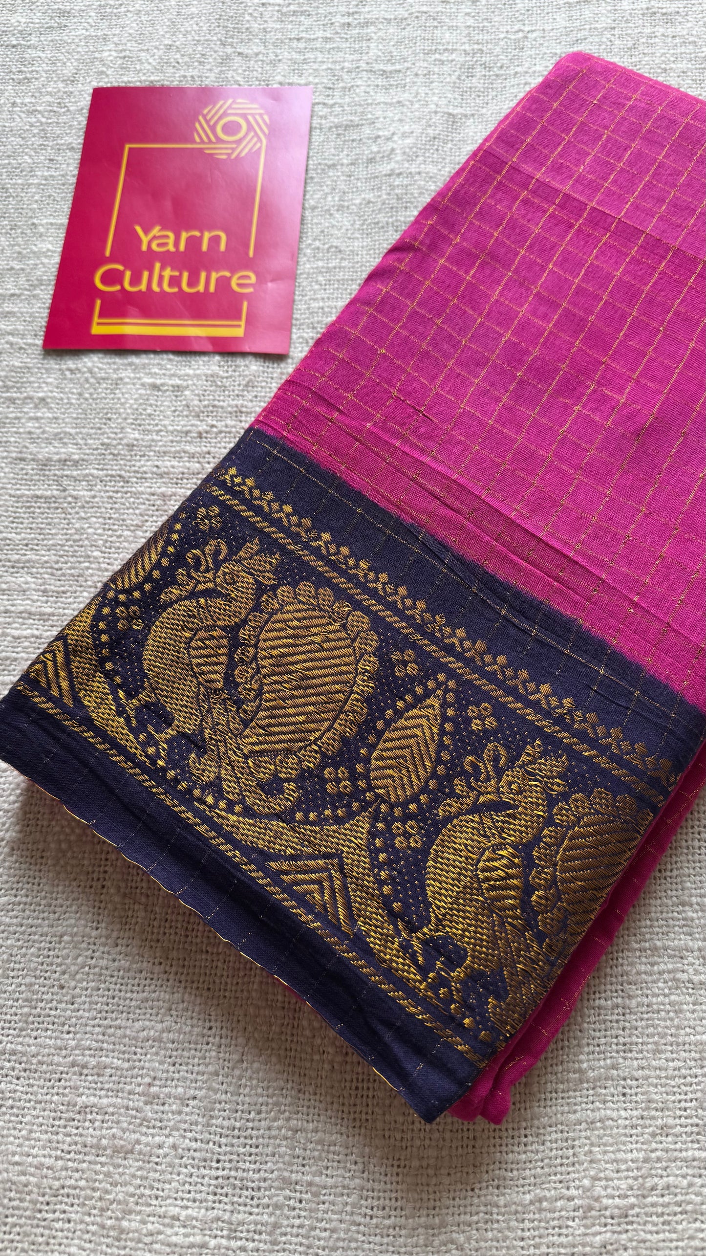 Dark hot pink with dark blue checkered sungudi, madurai cotton - YCCOTNOCSC22