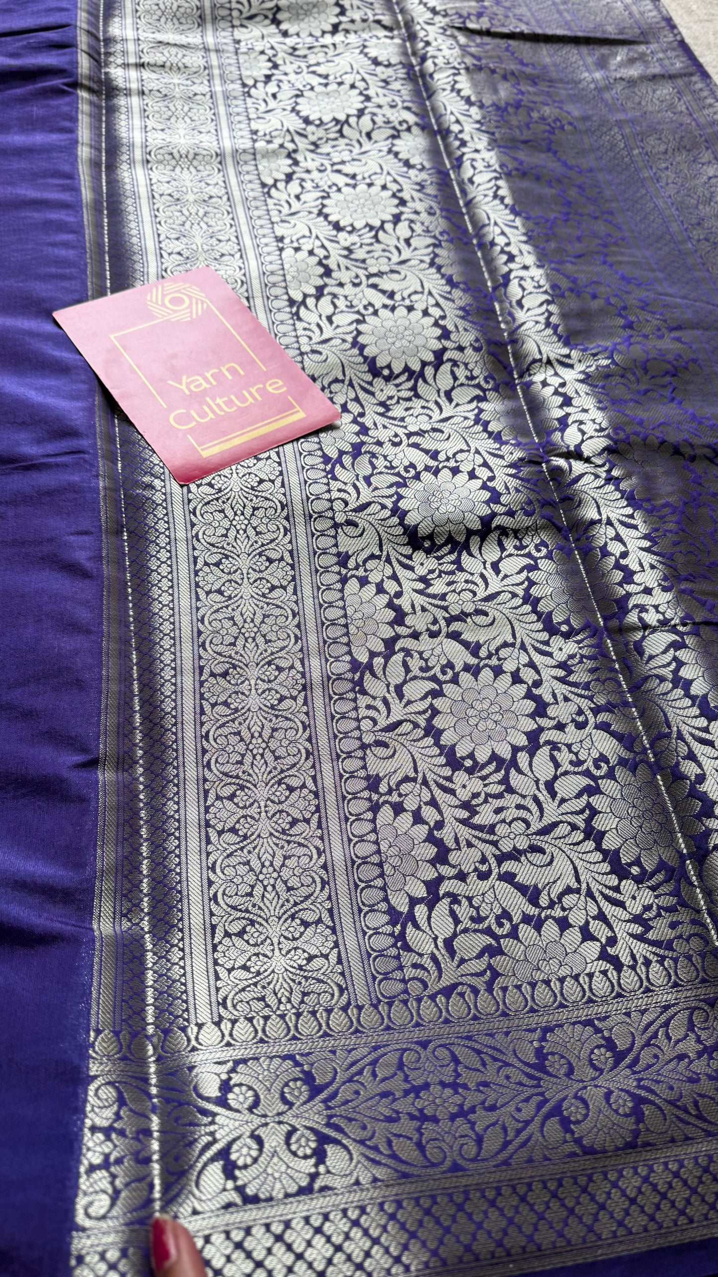 Dark blue meenakari floral pattern in silver zari, Banarasi katan dupion silk - YCDESE12