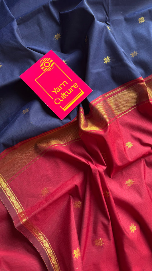 Dark blue with red, gold buttas, semi maheshwari cotton silk - YCCOTNFEJUSM05