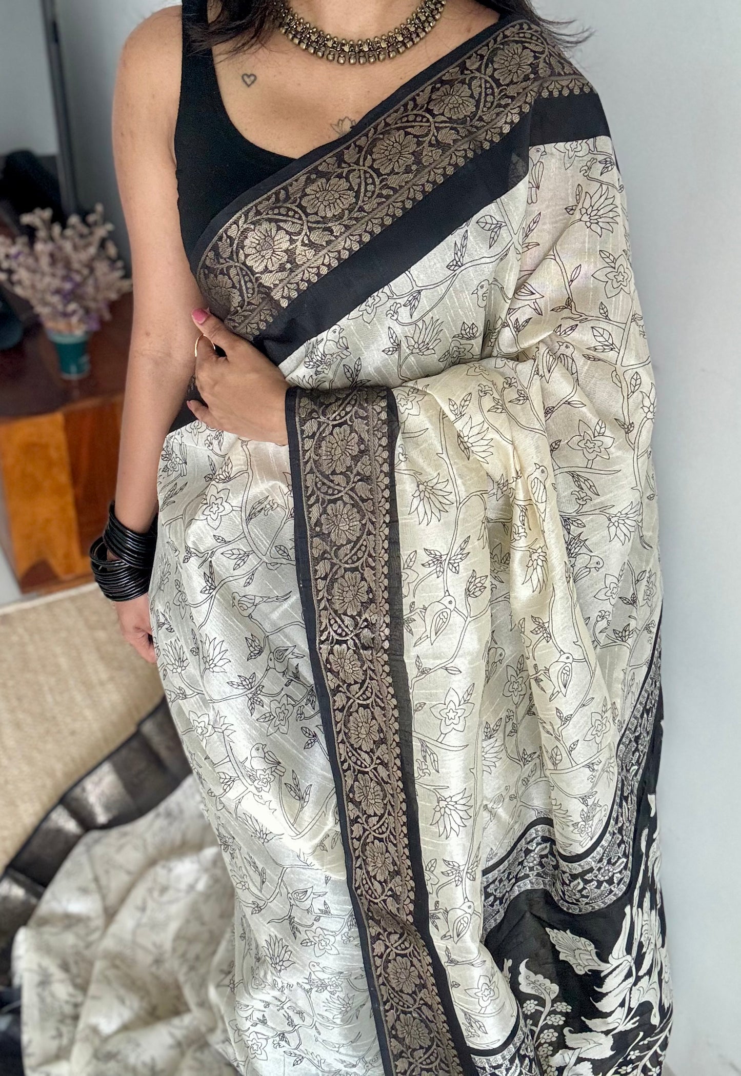 Off white and black, printed kalamkari, bird motif, semi-tussar - YCWOTDSTK06
