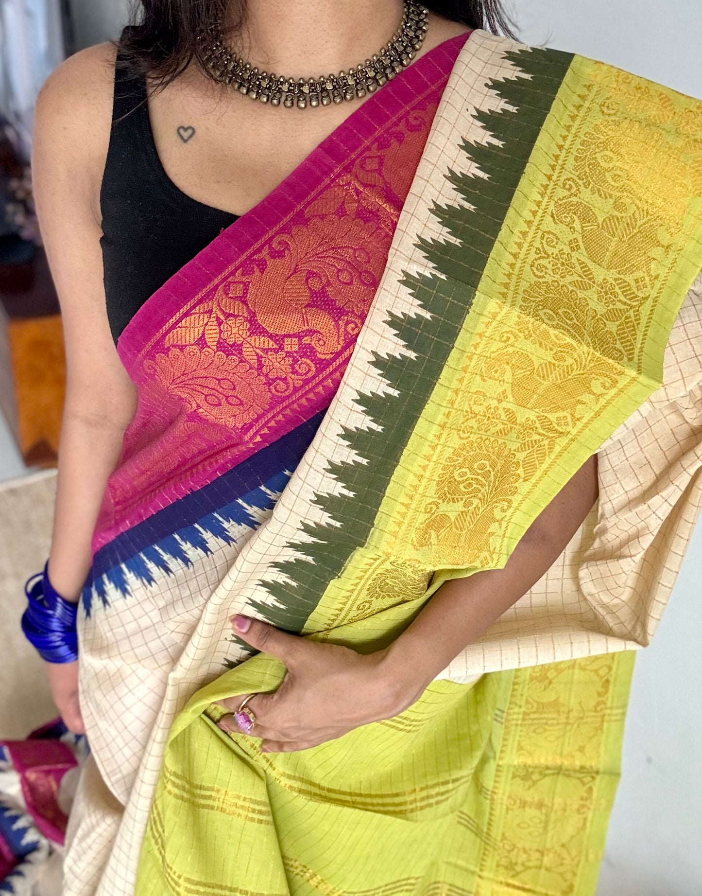 Magenta - bright green sungudi cotton checks, sandal colour base, soft cotton - YCCOTNJSUN07