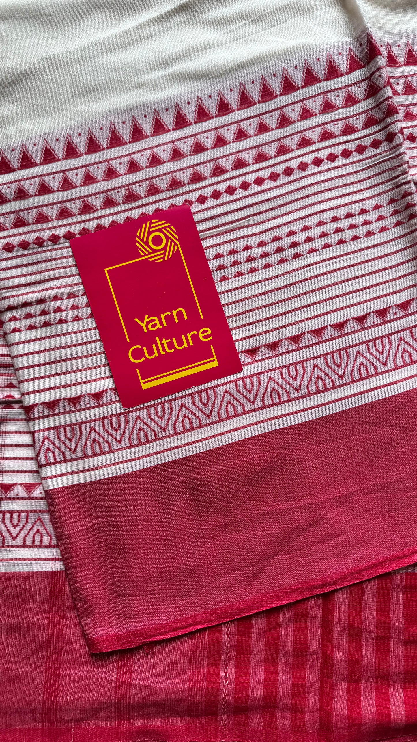 Pure Dhaniakhali tant in white with red patterened border - YCBCDP22