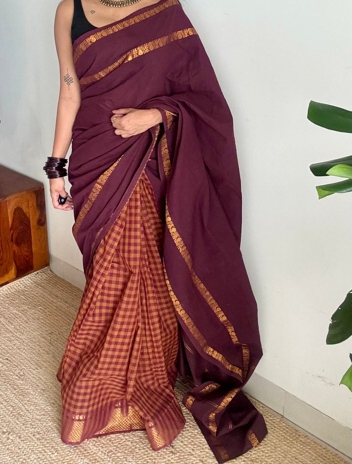 Maroon and rust orange with maroon, sungudi and chettinad cotton half-half saree - YCCOTNIDOC40
