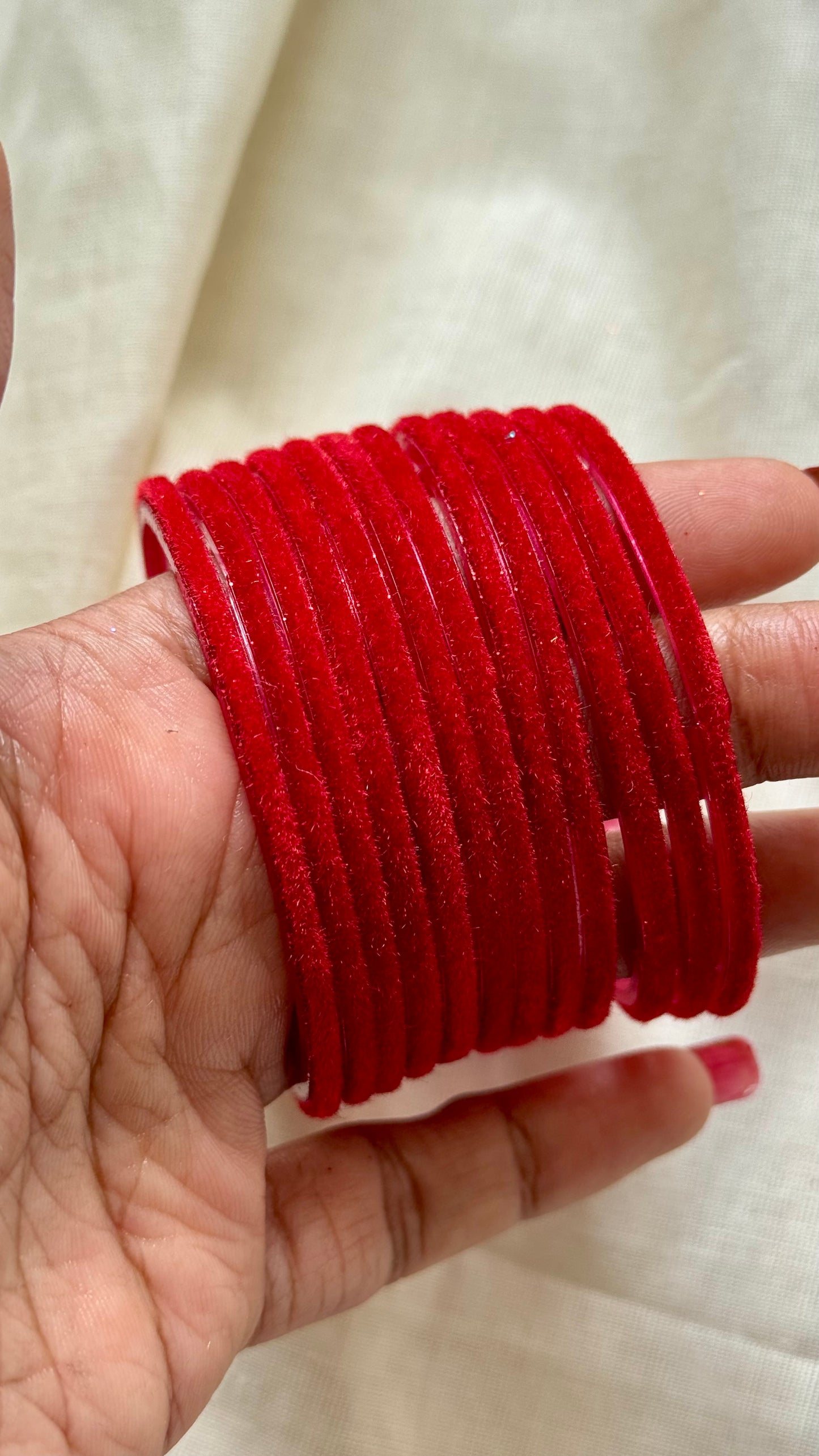 Chilli red velvet glass bangles, set of 12 - YCBANGL365