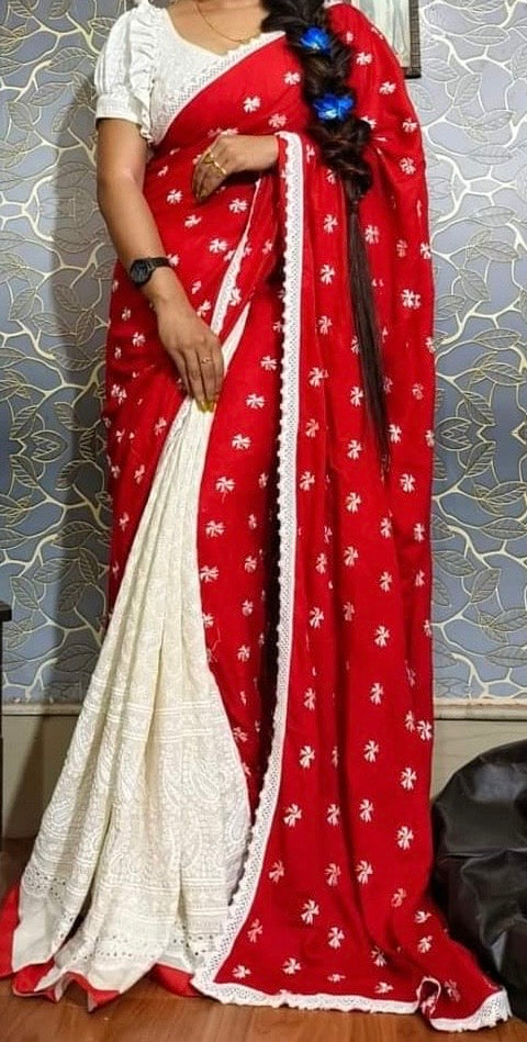Red parijat with cream chikankari, half half saree - YCBCDP20