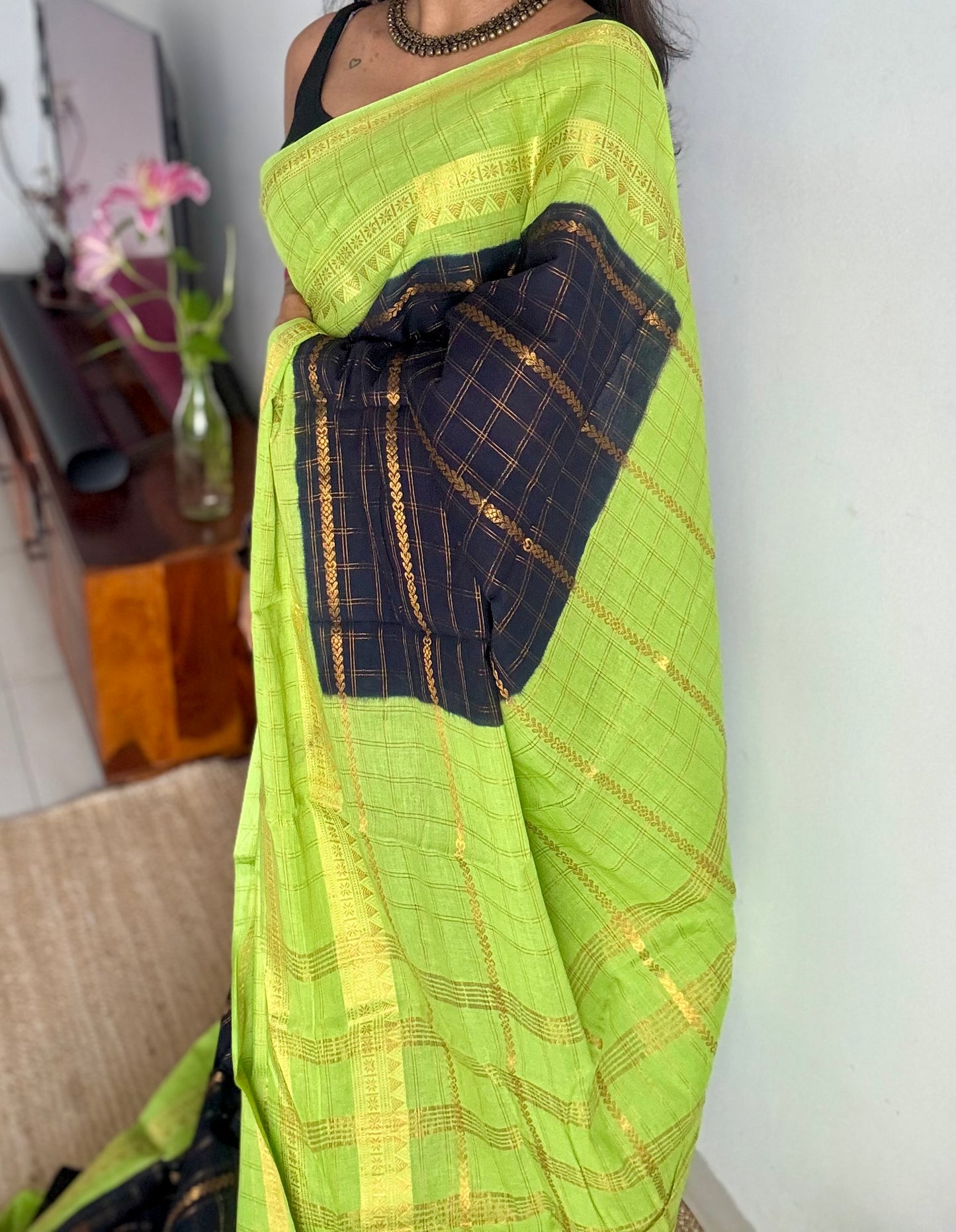 Black with lime green, Adayar checks with velthaari pattern, madurai cotton - YCCOTNOCSC03