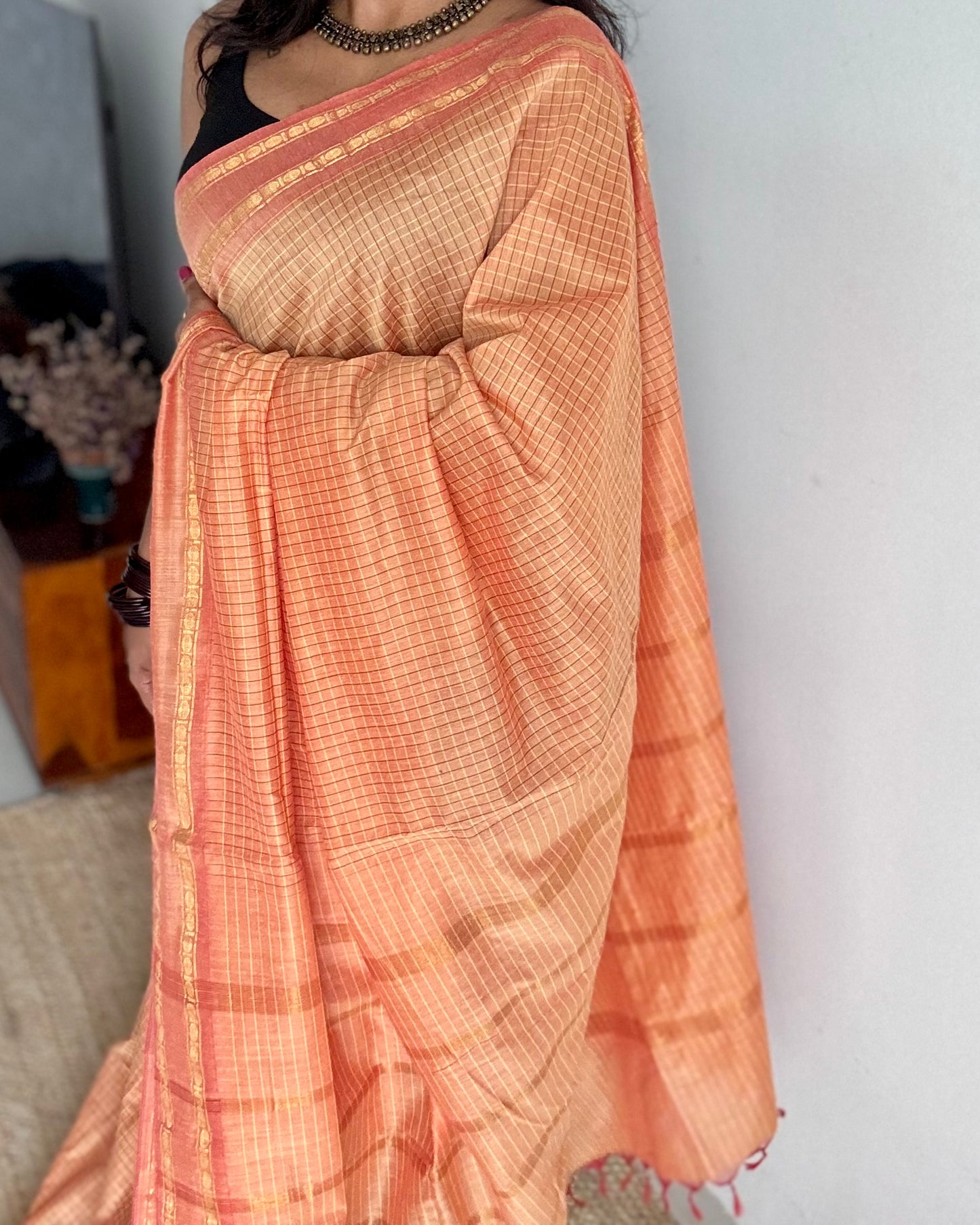Salmon peach, arani checks, cotton silk - YCCOTNOCAR10