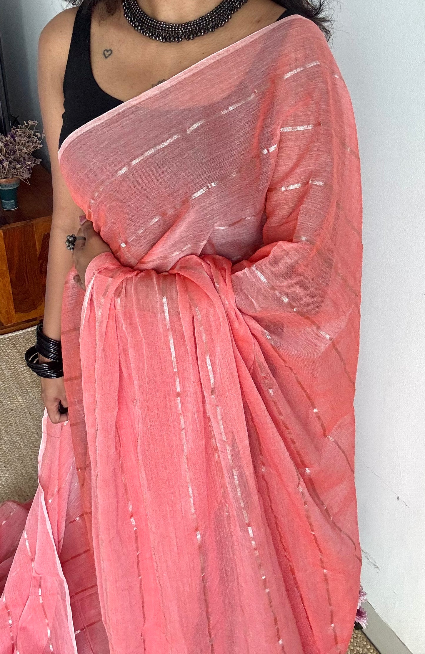 Peach Melt - pastel peach with silver zari stripes, mul cotton - YCBCJULMS08