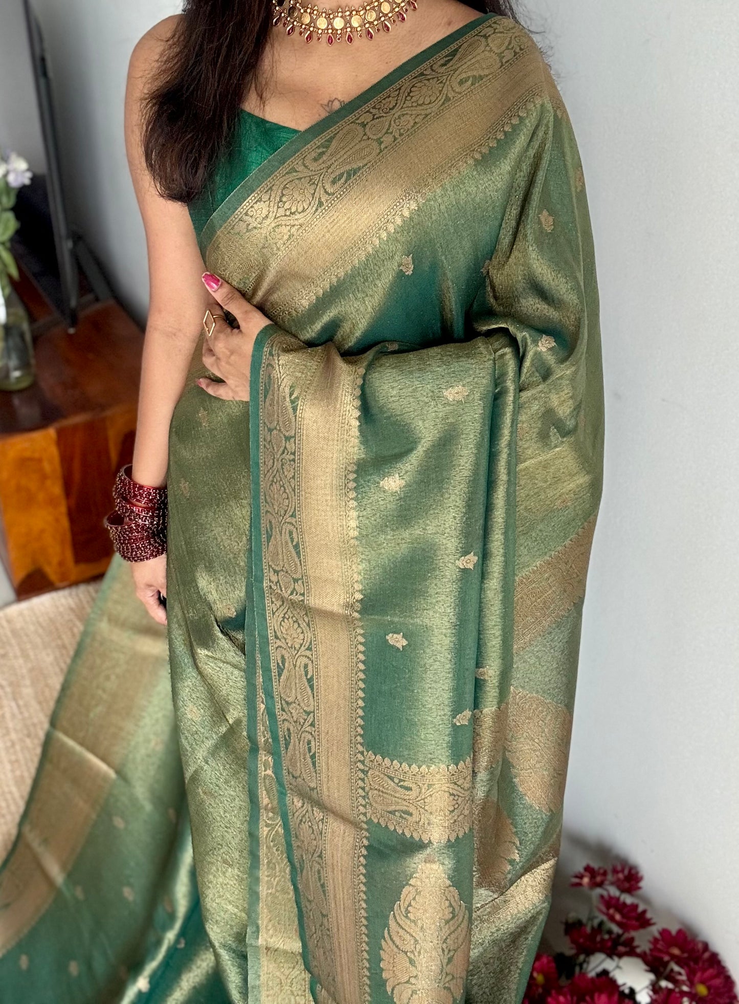 Green with gold dual tone, Banarasi semi-silk - YCDESE07