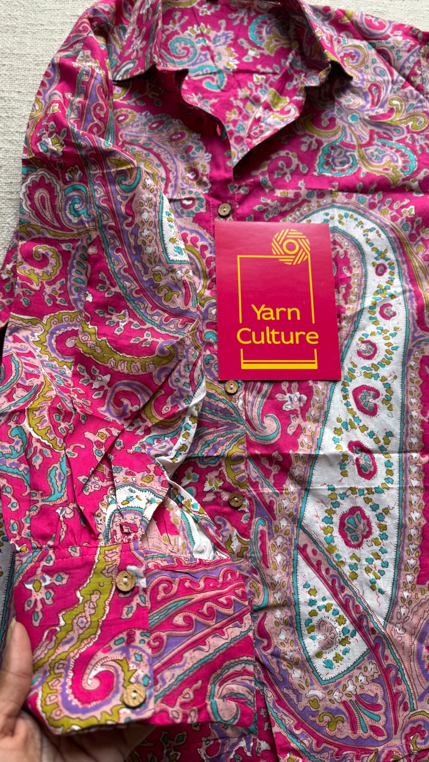 Gulabi Groove - blockprinted cotton stitched shirt, collared neck, full sleeves - YCSEBPSJA198