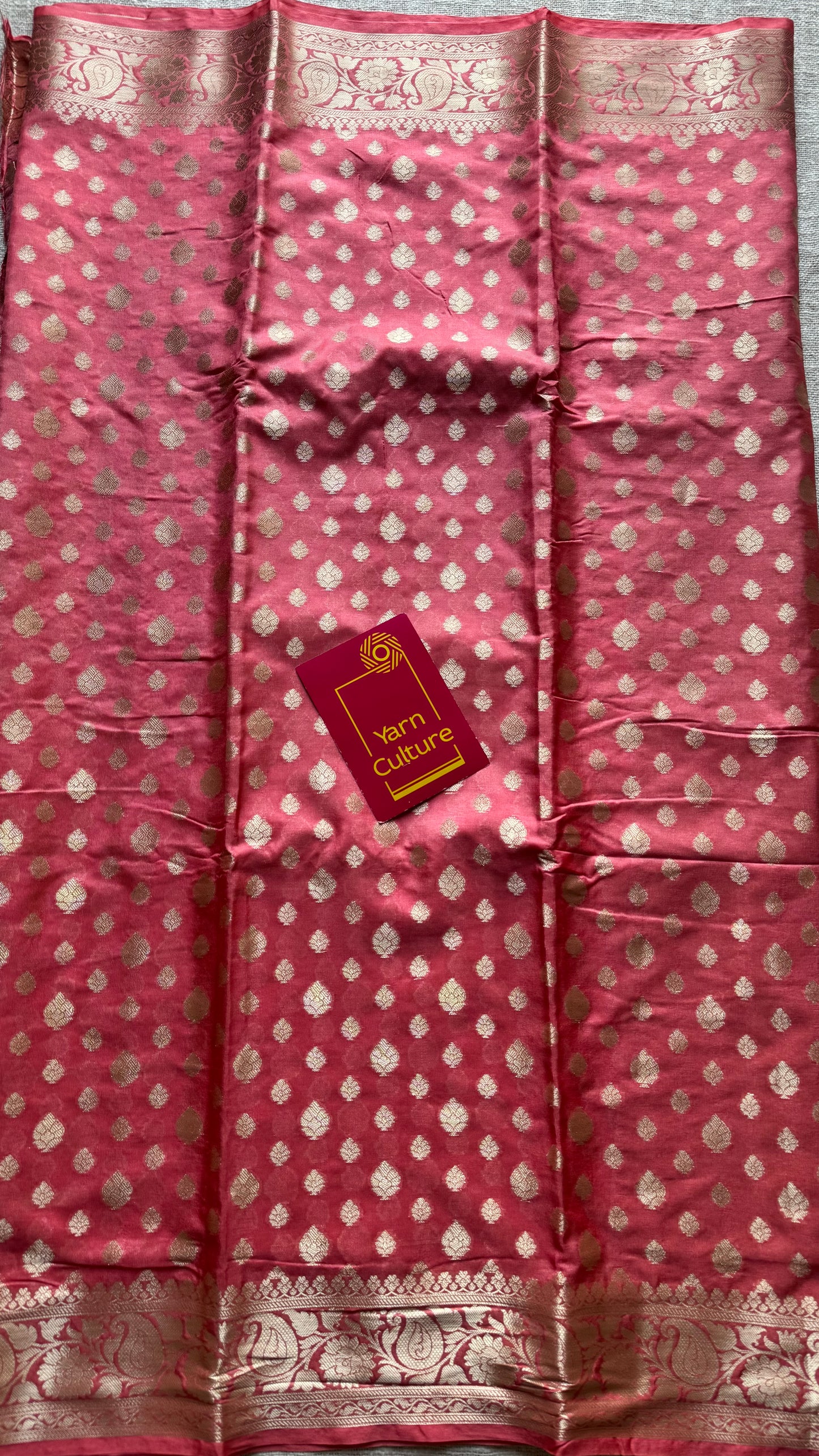 Peach pink, muted gold buttas and zari, Banarasi semi-silk - YCDESE41