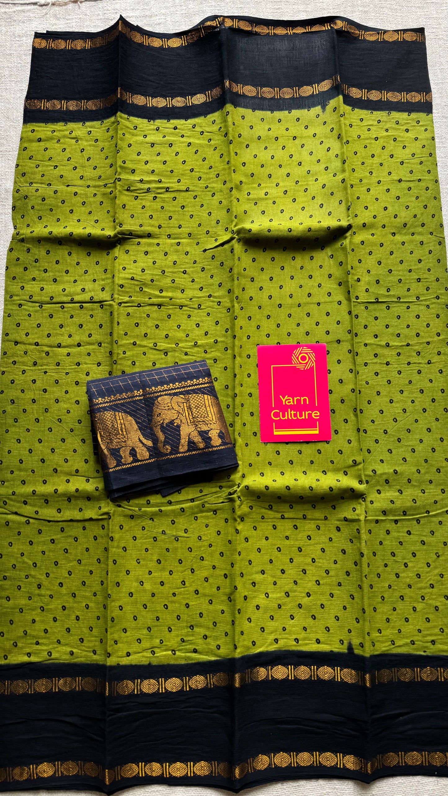 Green with black, sungudi motif and rudraksham border, madurai soft cotton - YCCOTNAUSC03