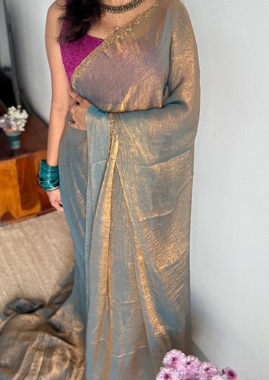 Teal Appeal - teal grey, metallic dual tone space silk, embellished border - YCDOSDE53