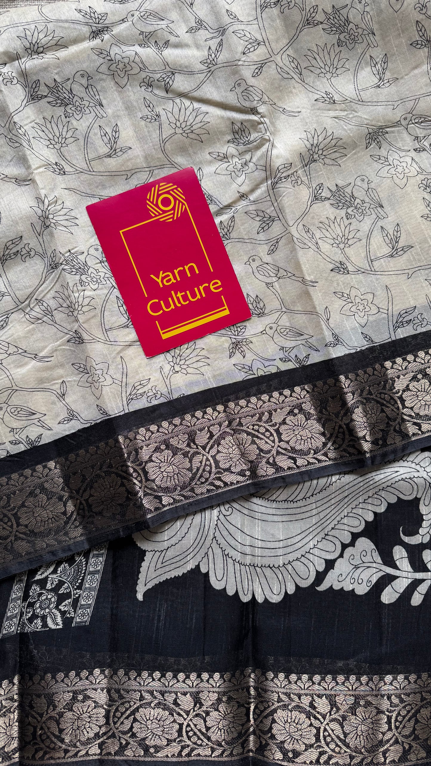 Off white and black, printed kalamkari, bird motif, semi-tussar - YCWOTDSTK06
