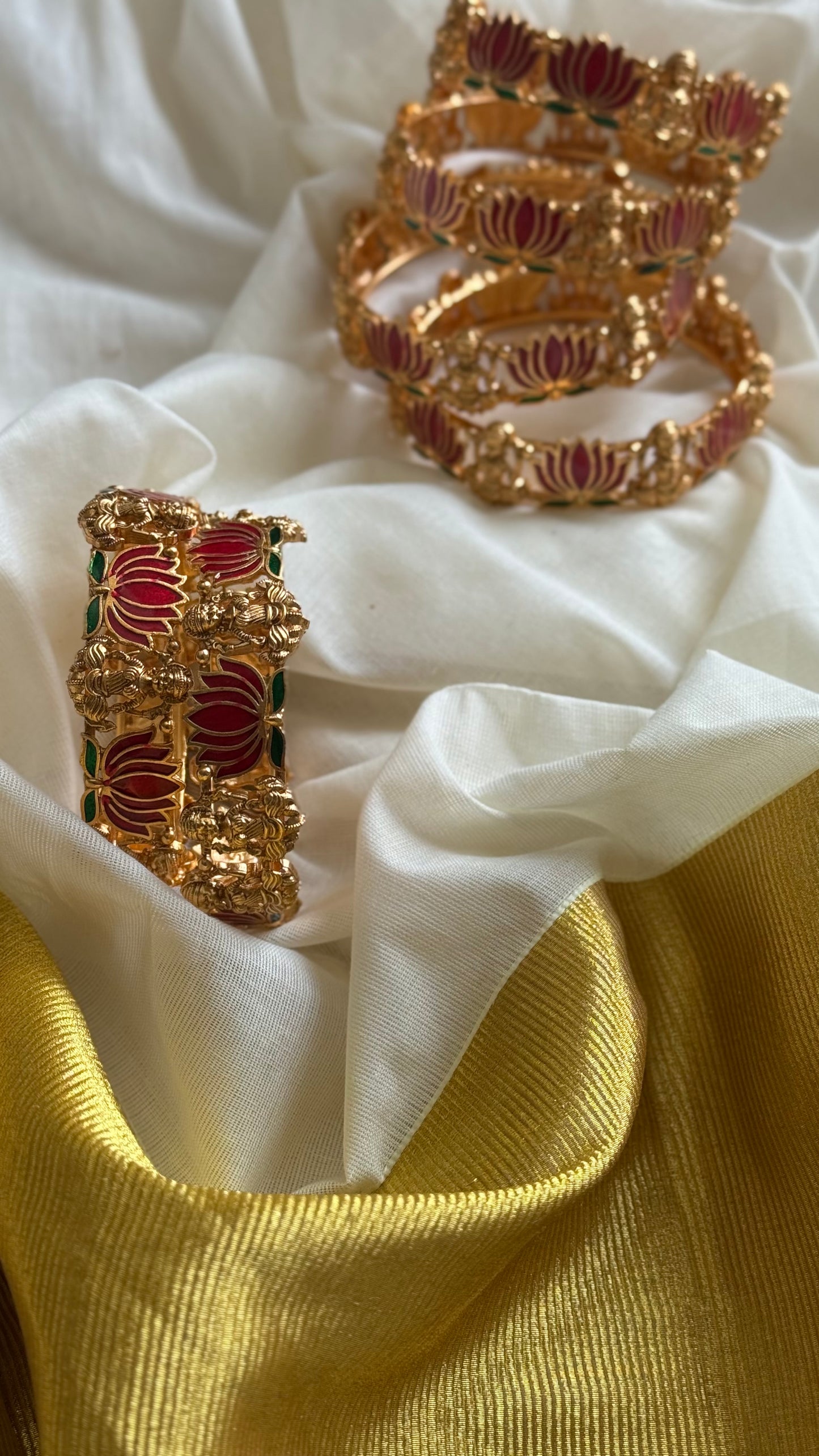 Dark pink with green lotus bangles (set of 2) - YCAGBG98