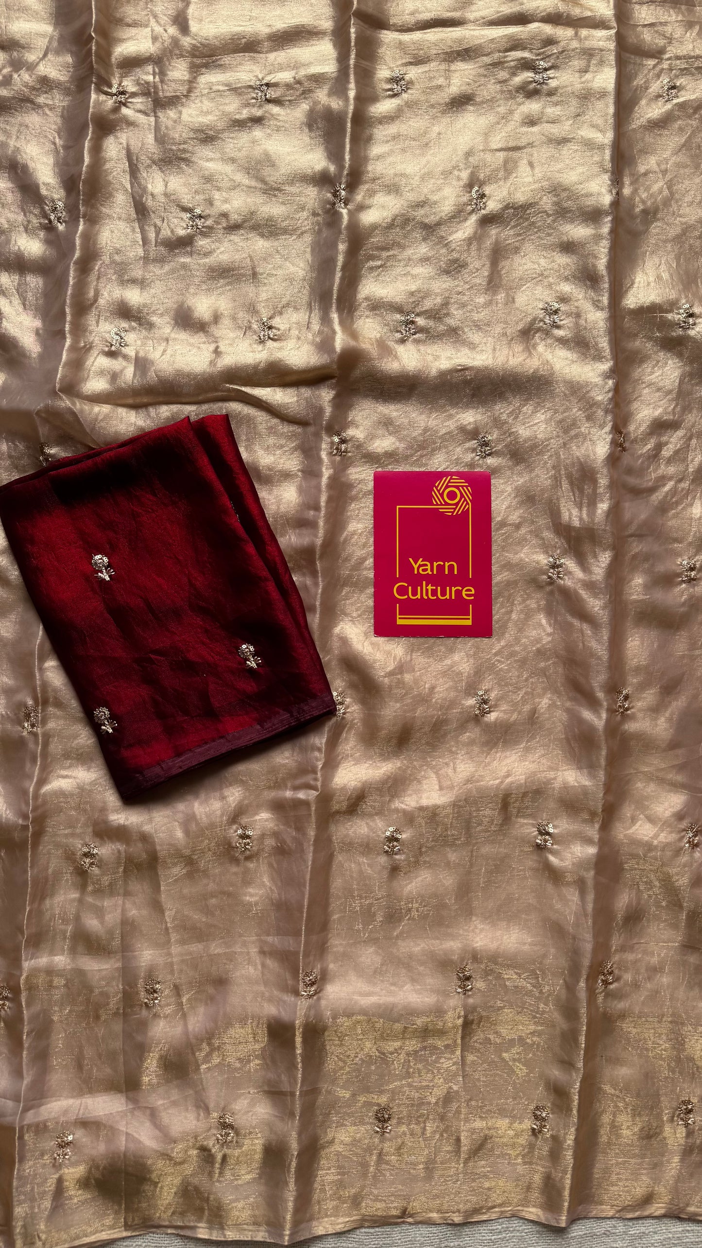 Light gold with a hint of pink, fendy satin with sequin work, contrast maroon blouse - YCDOSFE12