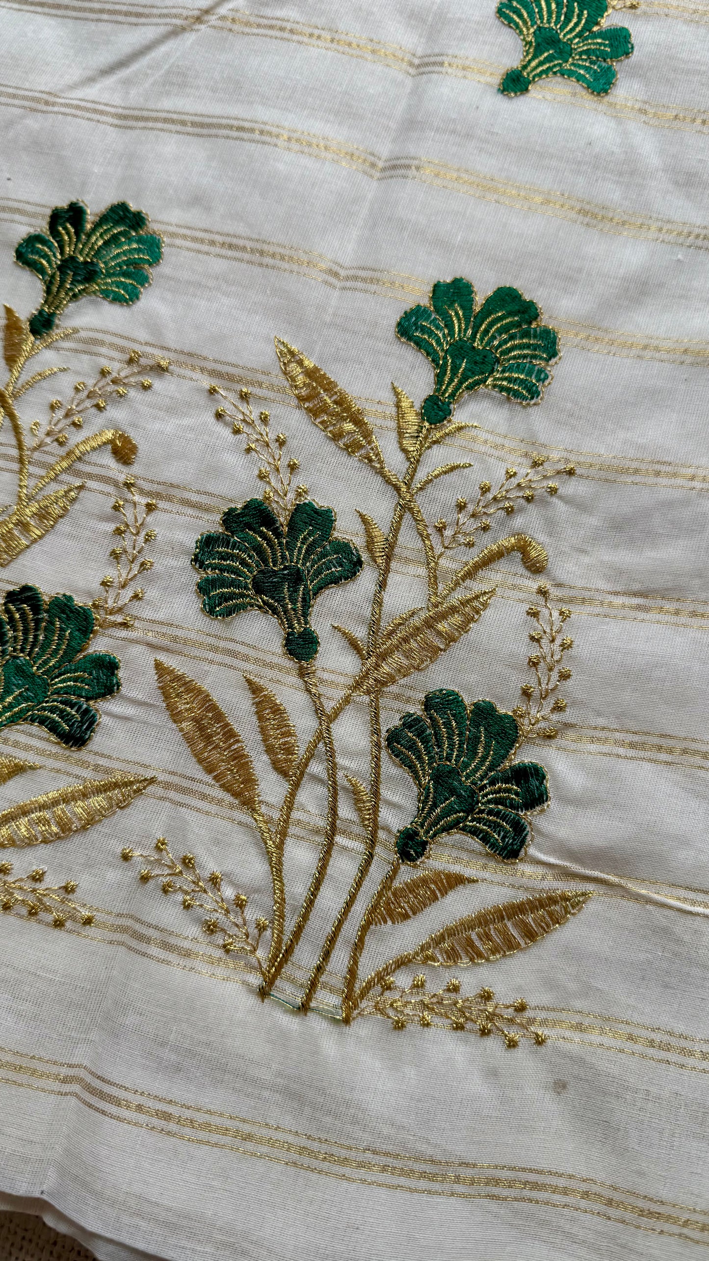 Ivory and gold with green flower embroidery, striped zari, kerala cotton - YCON25KCSFE260