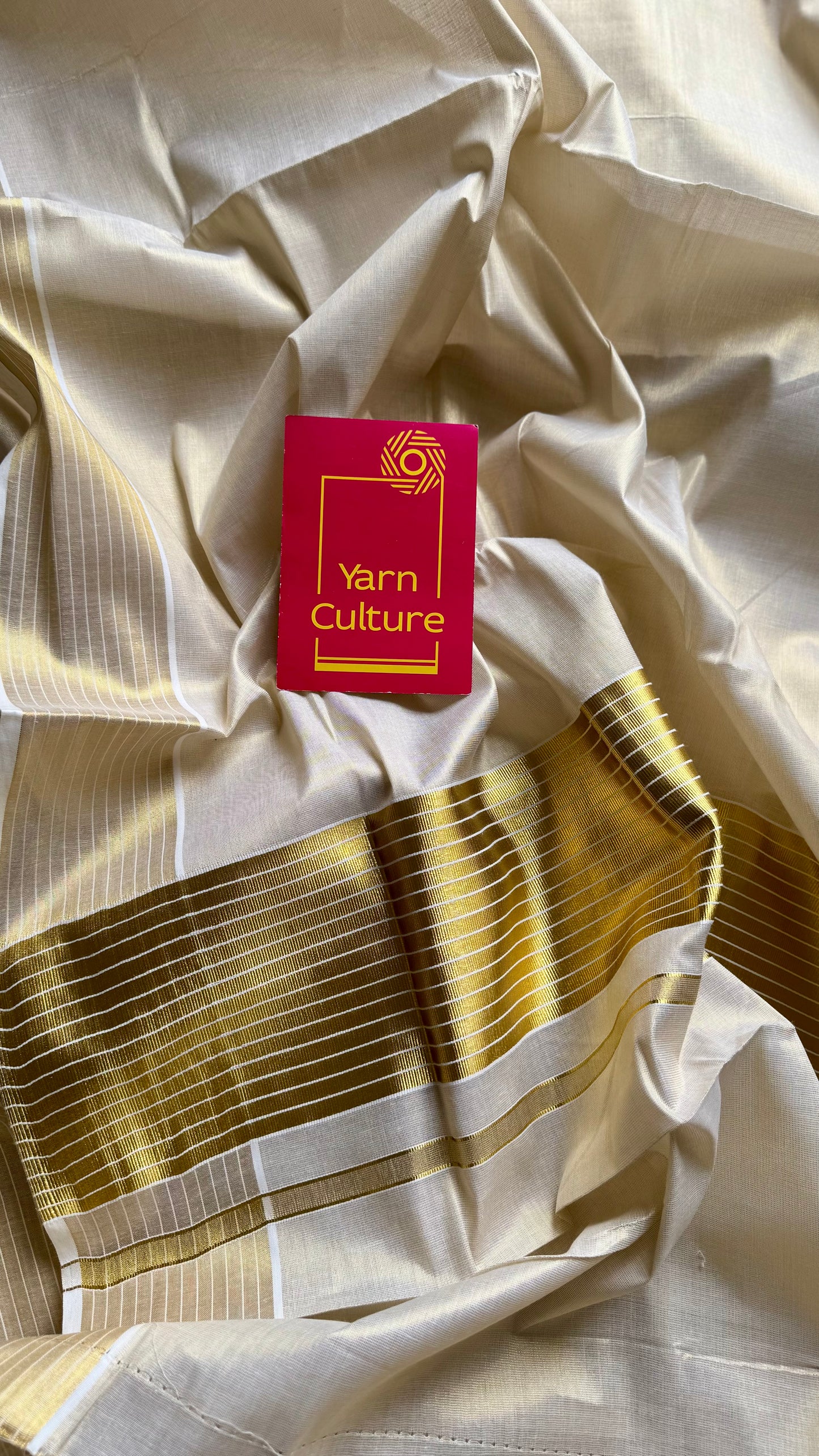 Ivory and gold tissue with striped border, kerala soft cotton - YCON25MC271
