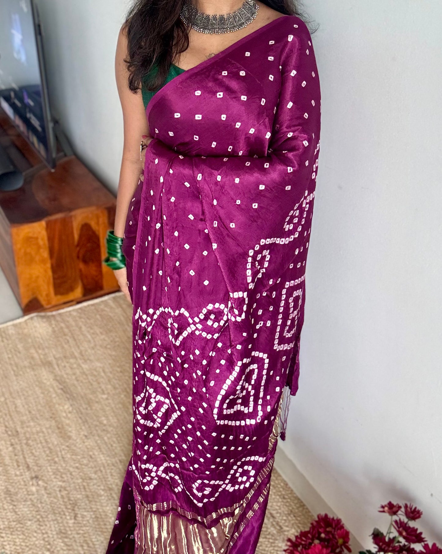 Wine crushed bandhani modal silk with lagdi patta (zari pallu) - YCDESE29