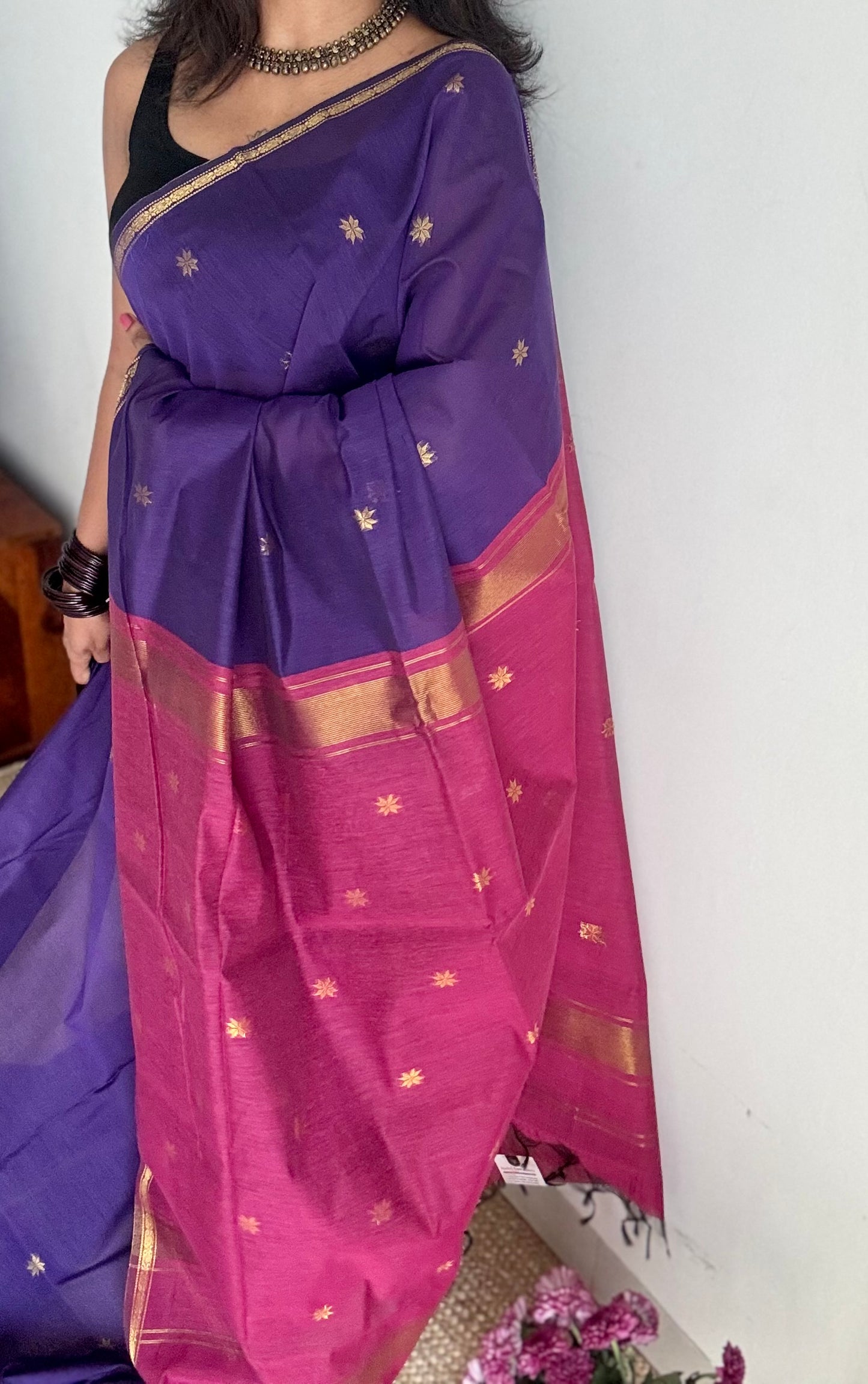 Purple with dark pink, gold buttas, semi maheshwari cotton silk - YCCOTNFEJUSM03